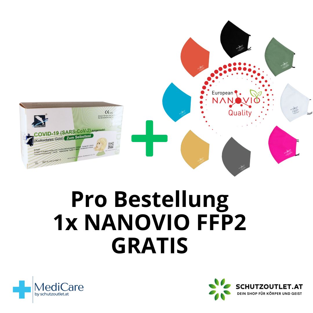 Schachtel mit COVID-19-Test und Auswahl an farbigen FFP2-Masken. Aufschrift: Deepblue, COVID-19 (SARS-CoV-2) Antigen-Test. Pro Bestellung 1x GRATIS.