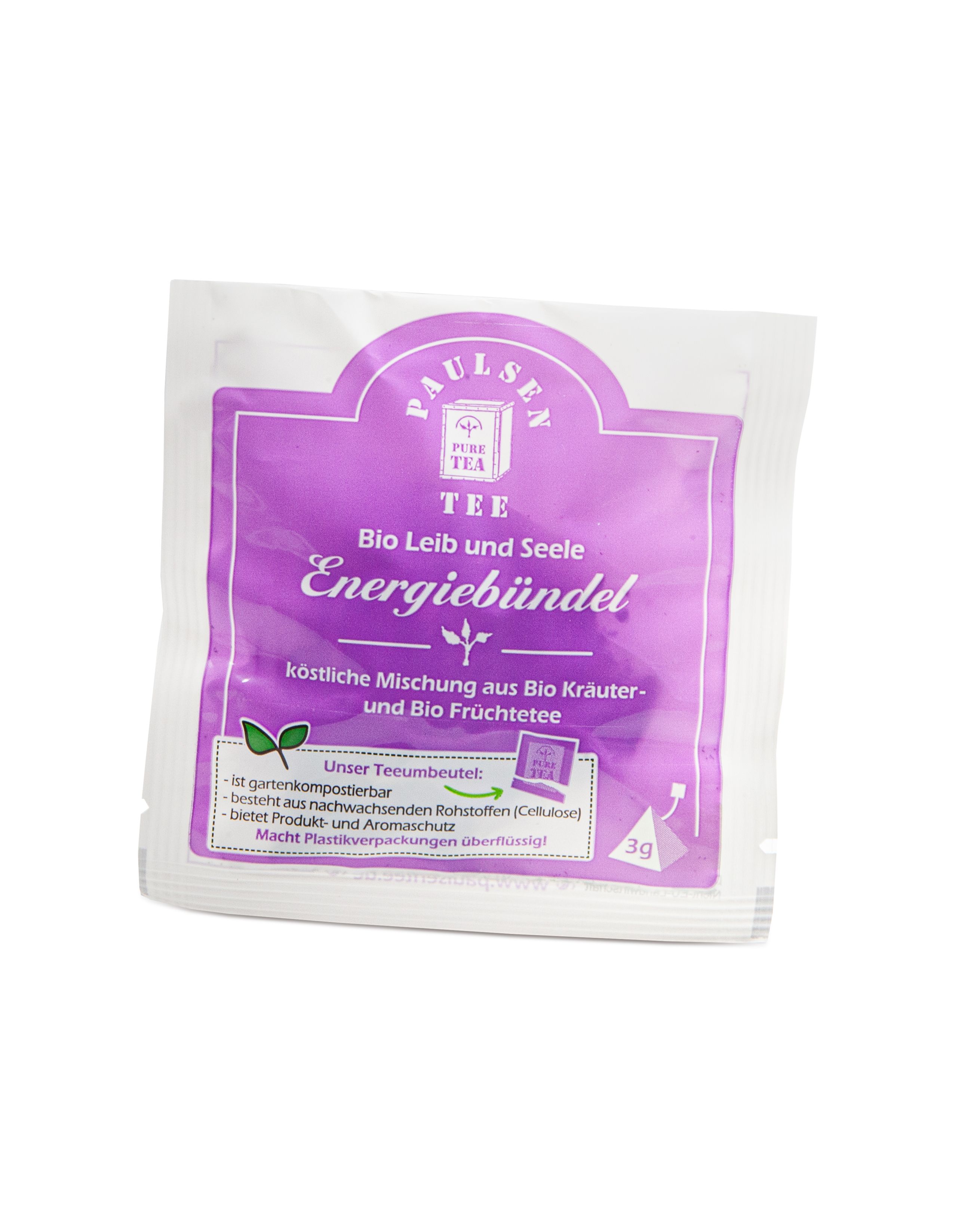 Einzelverpackung Paulsen Tee Bio Energiebündel. Lila Etikett mit Produktinformationen. 3g Teebeutel.