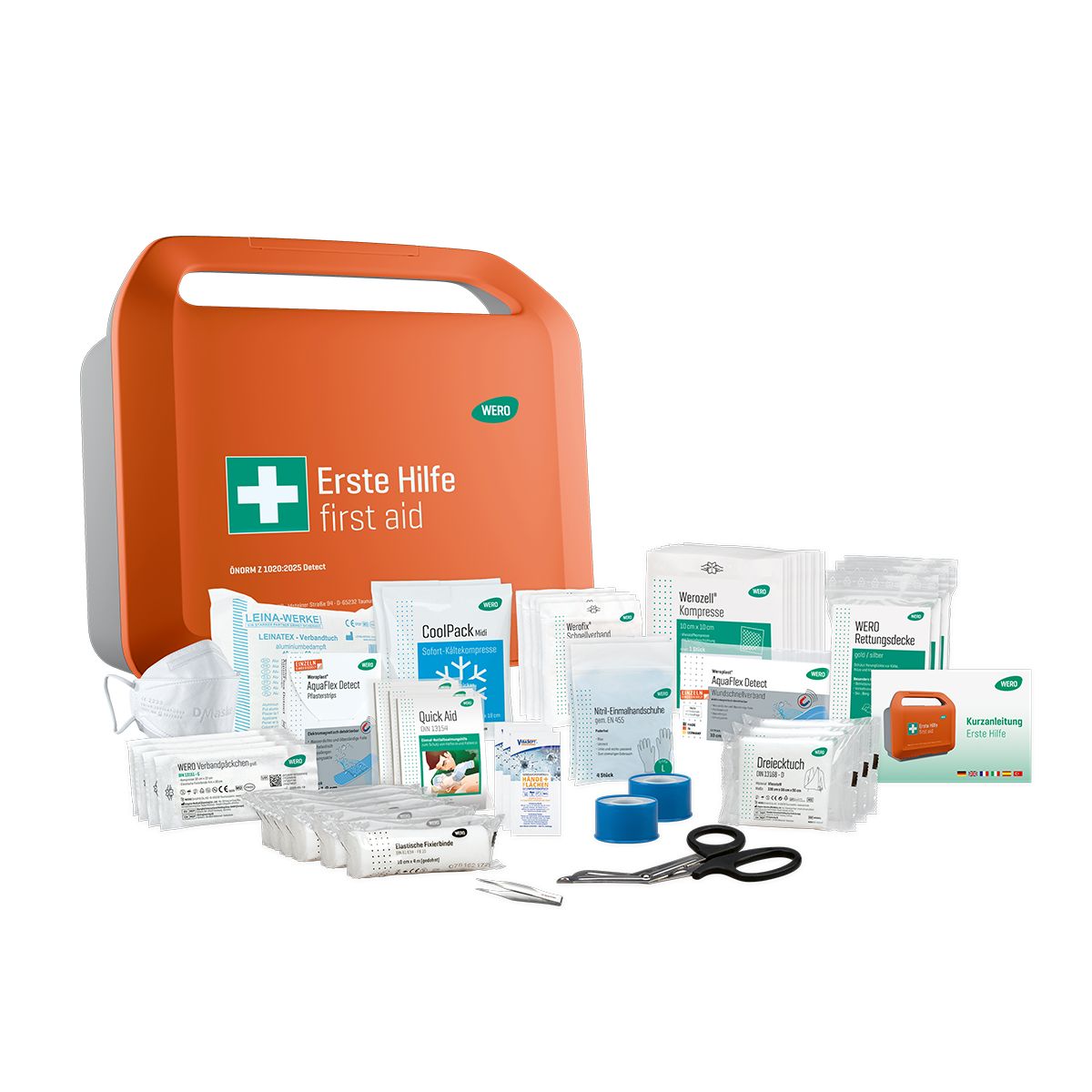 Erste-Hilfe-Koffer mit Inhalt. Orange Koffer mit Griff. Grünes Kreuz und Text: Erste Hilfe/first aid. WERO Logo. Verbandmaterial, Schere, etc.