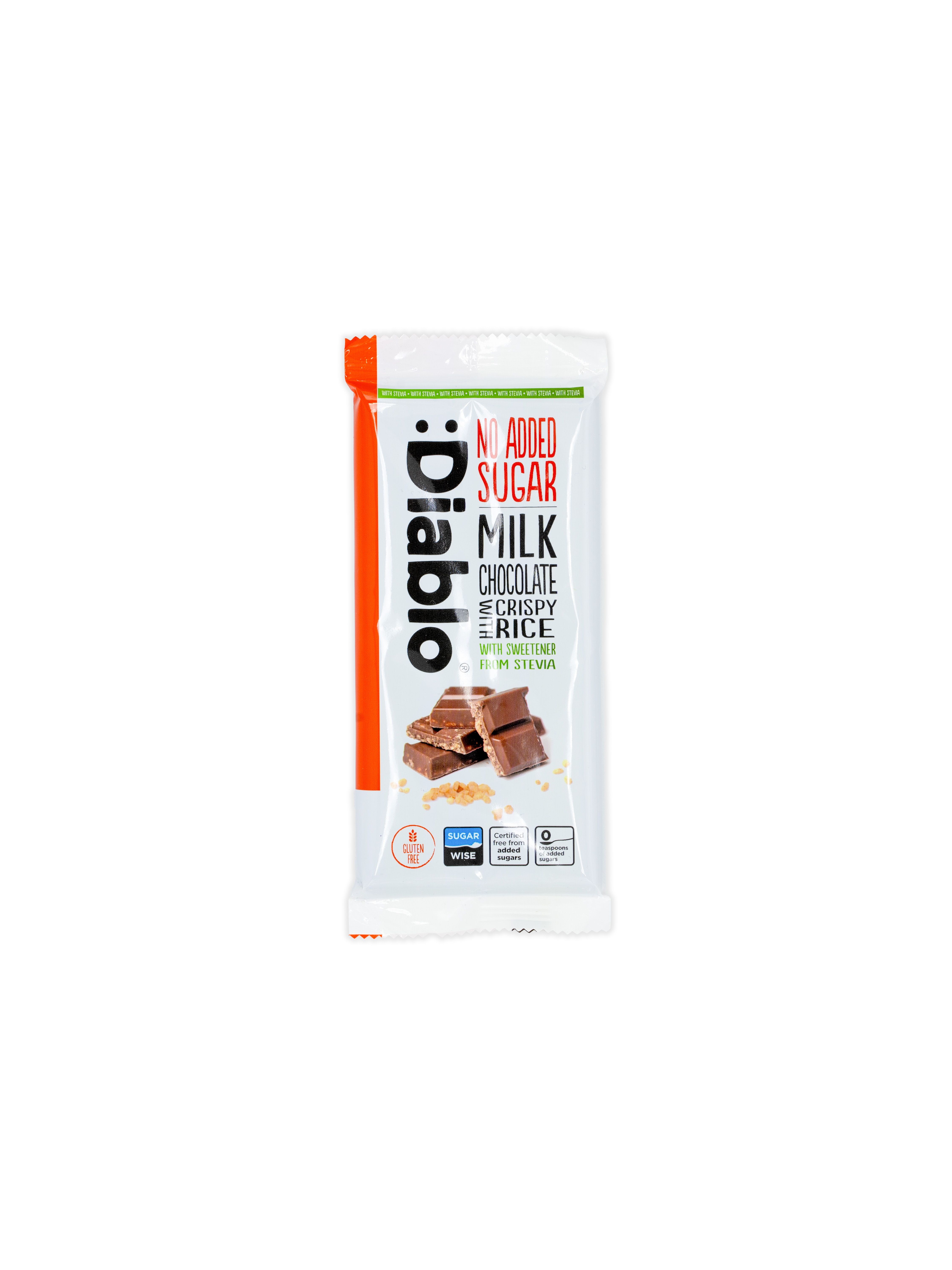 Verpackung von Diablo Milchschokolade mit knusprigem Reis. Aufschrift: Ohne Zuckerzusatz, mit Stevia. Gezeigt sind Schokoladenstücke.