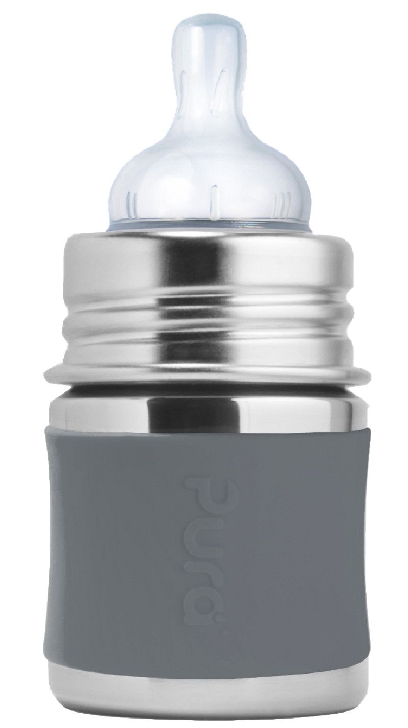 Purakiki Babyflasche 125 ml mit Silikon-Sleeve grau