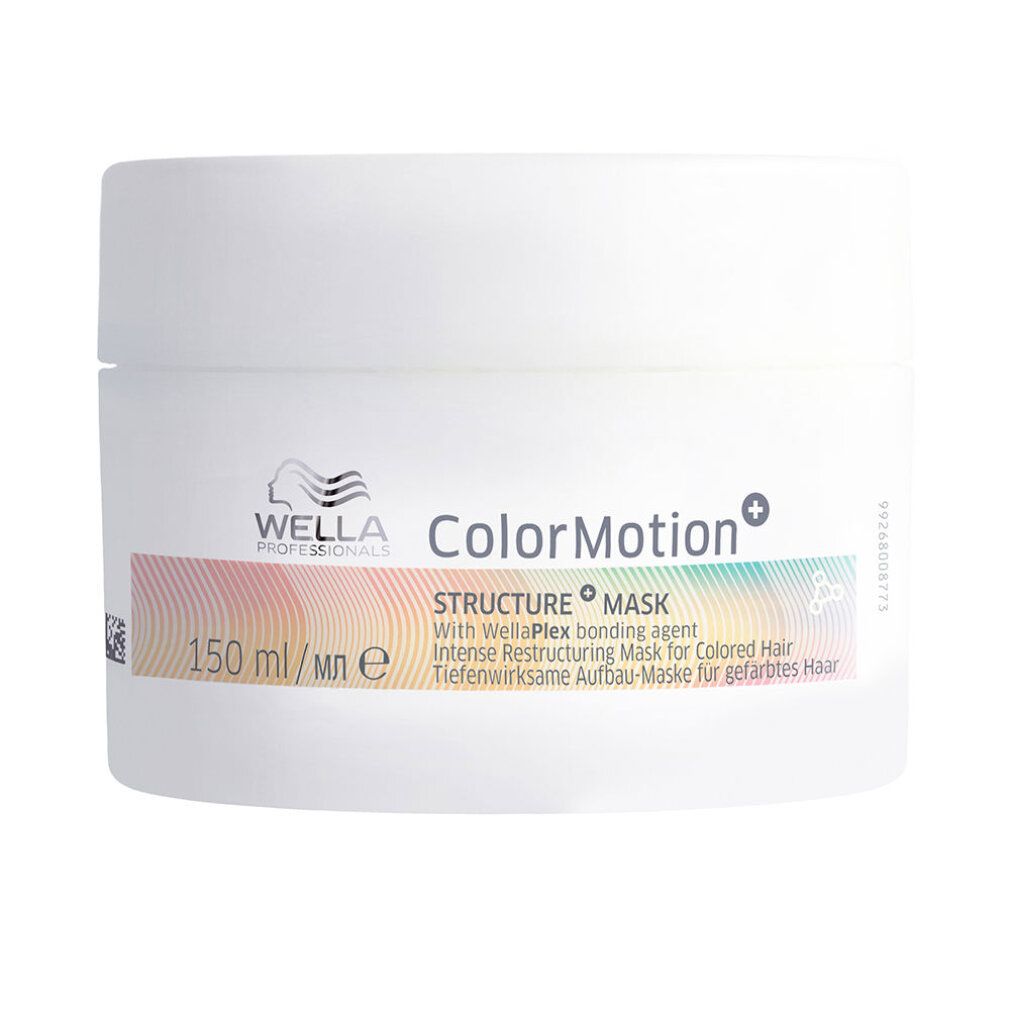 Weiße Dose Wella ColorMotion+ Strukturmaske. Aufschrift: 150 ml, Intense Restructuring Mask für coloriertes Haar.