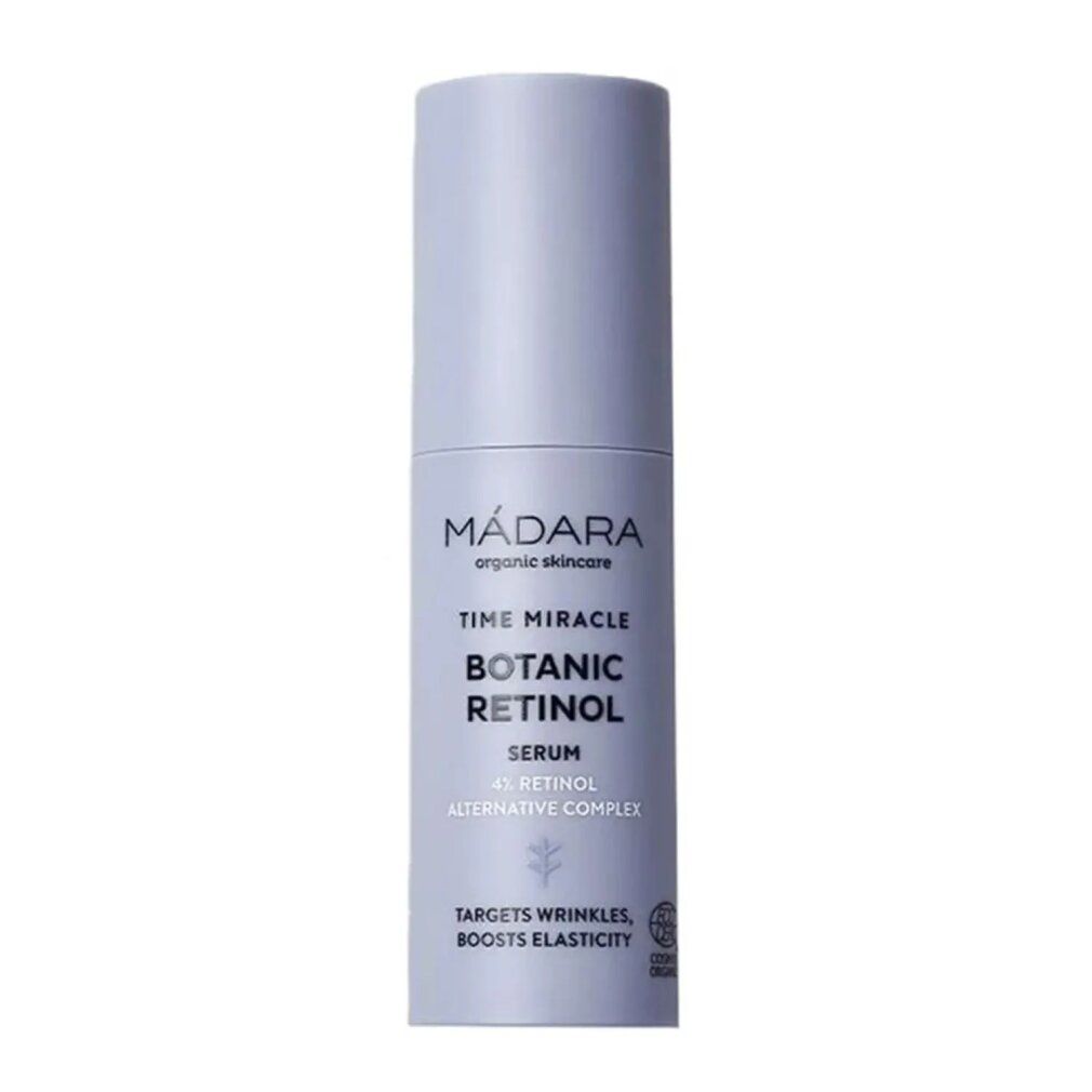 Madara Time Miracle Botanic Retinol Serum. Flasche mit Produktinformationen und Logo.
