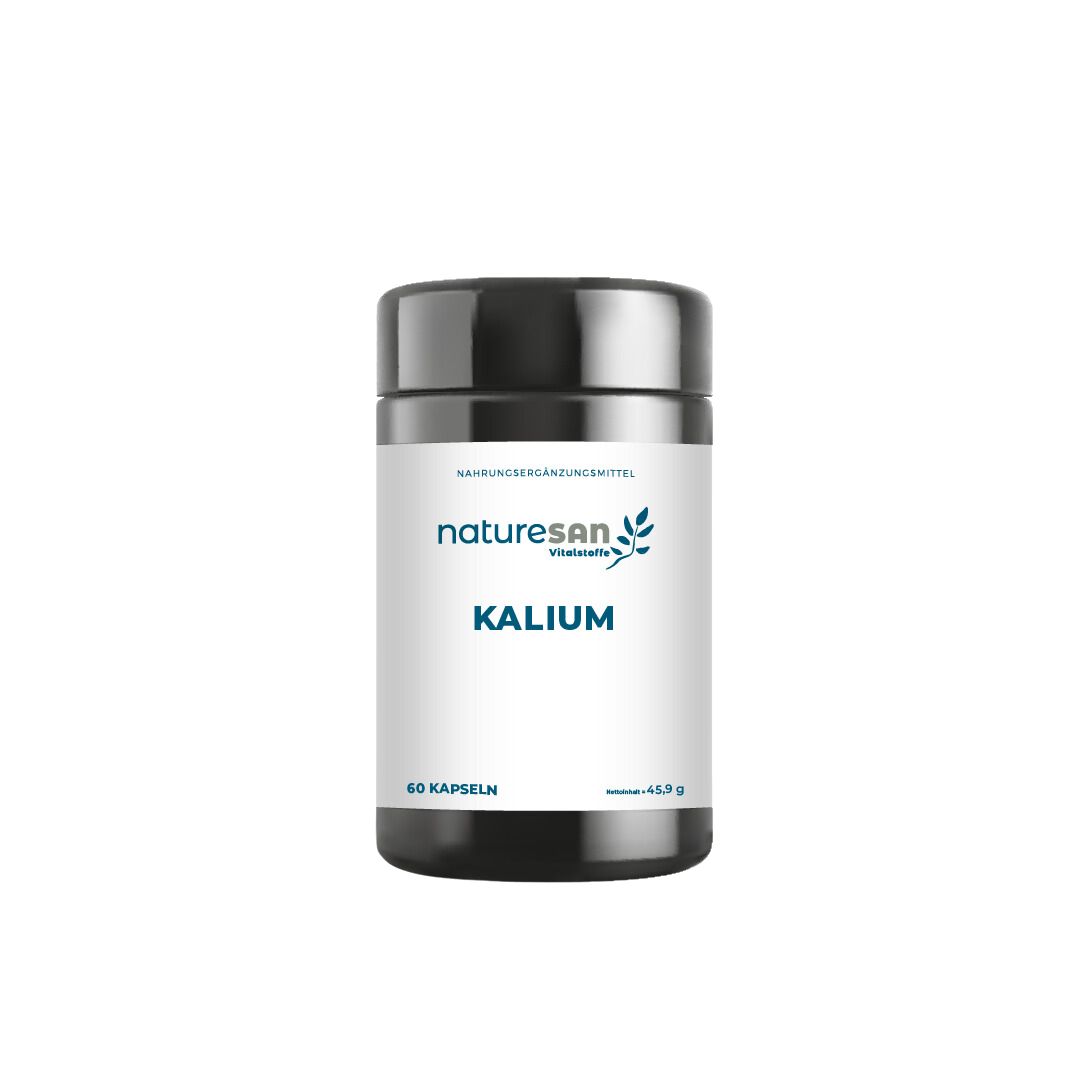 Dunkle Dose mit weißem Etikett. Aufschrift: Naturesan Kalium, 60 Kapseln. Nahrungsergänzungsmittel.