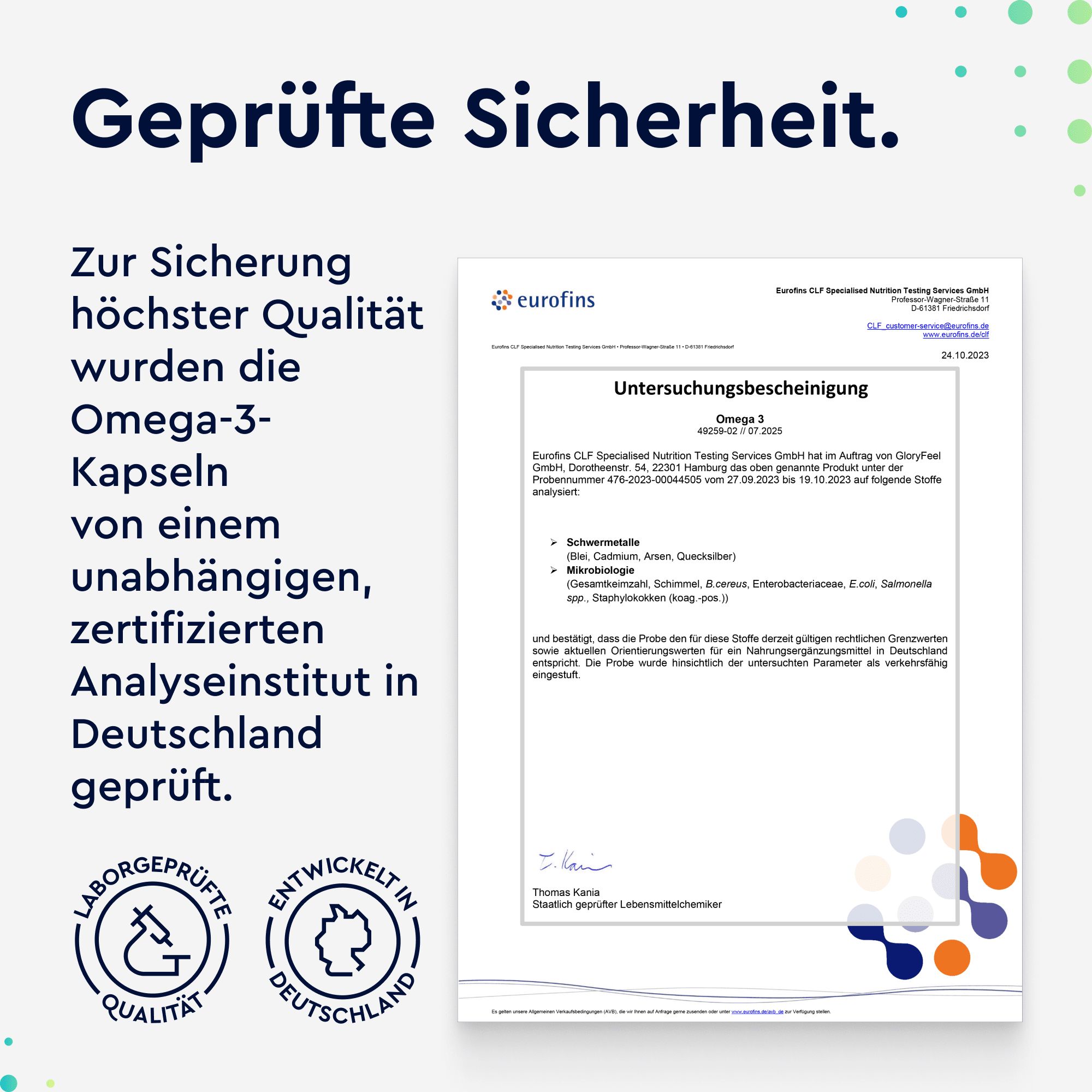 Zertifikat von Eurofins. Text: Geprüfte Sicherheit. Omega-3 Kapseln von unabhängigem Institut geprüft.