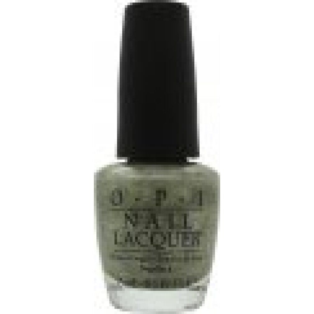 OPI Nagellack-Flakon. Grün-graue Farbe mit schwarzem Deckel. Aufschrift: OPI NAIL LACQUER. 15 ml.