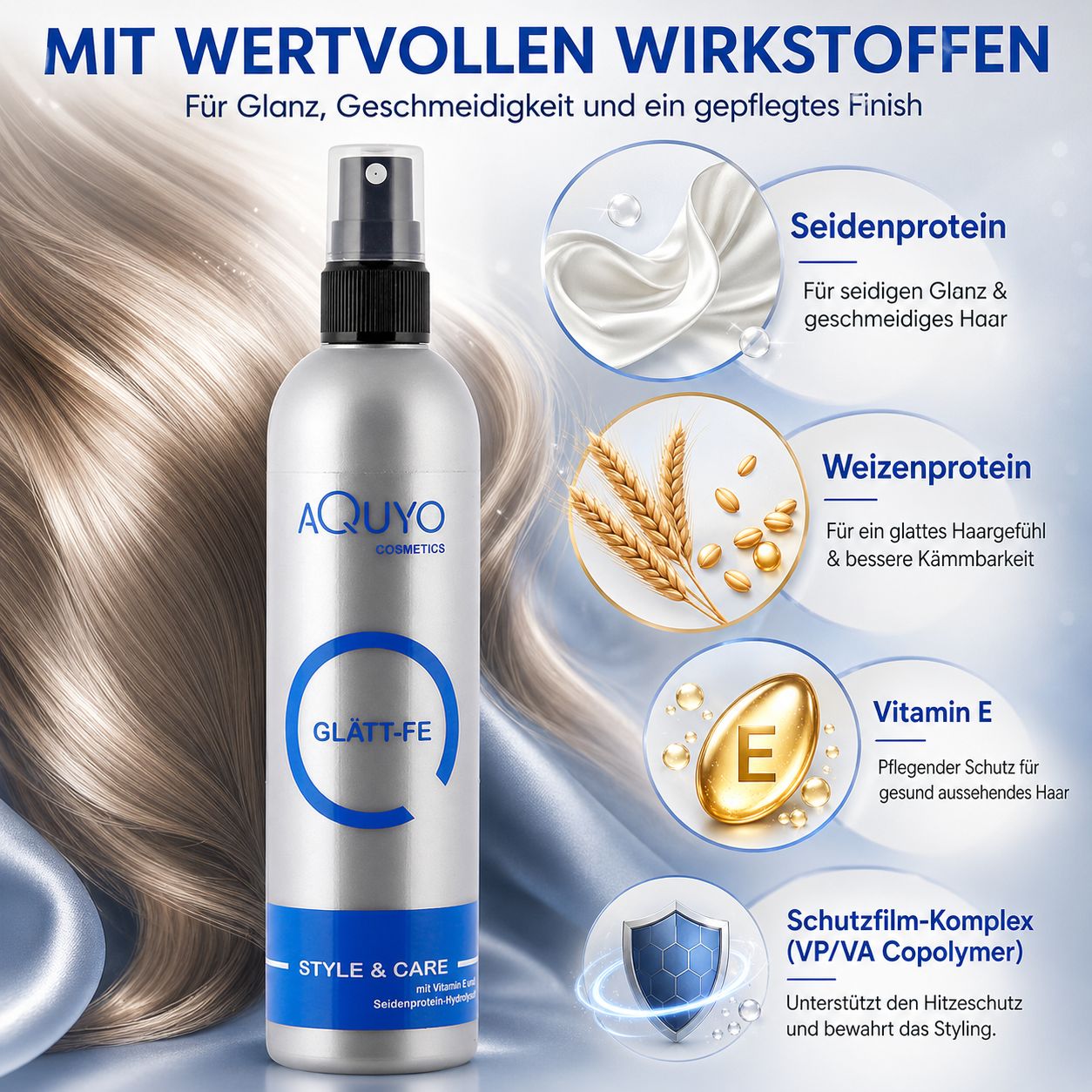 Silberne Sprühflasche mit Text. Illustrationen von Seiden- und Weizenproteinen, Vitamin E. Text: Mit wertvollen Wirkstoffen.