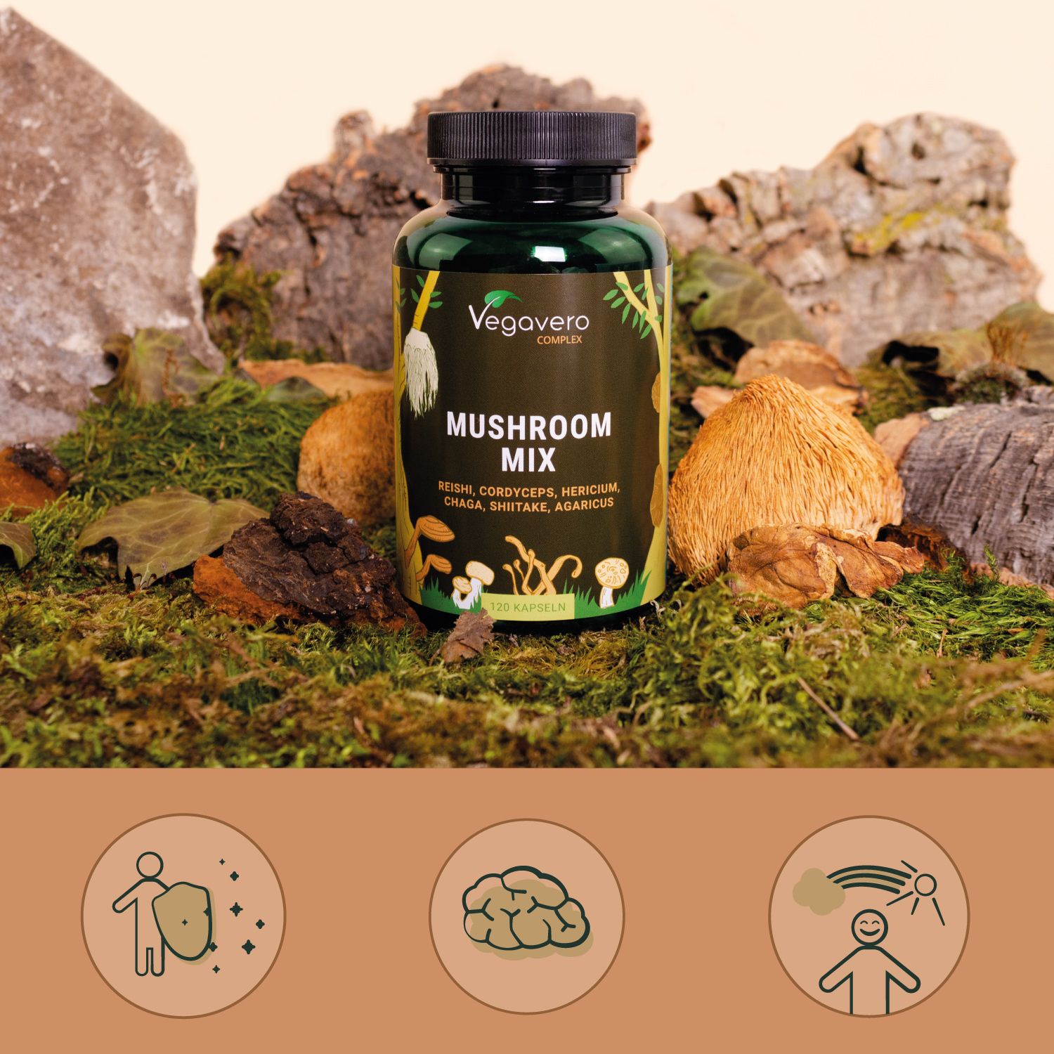 Grüne Flasche mit schwarzen Deckel. Aufschrift: Vegavaro COMPLEX, MUSHROOM MIX, 120 Kapseln. Auf Moos und Pilzen platziert. Drei Icons unten.