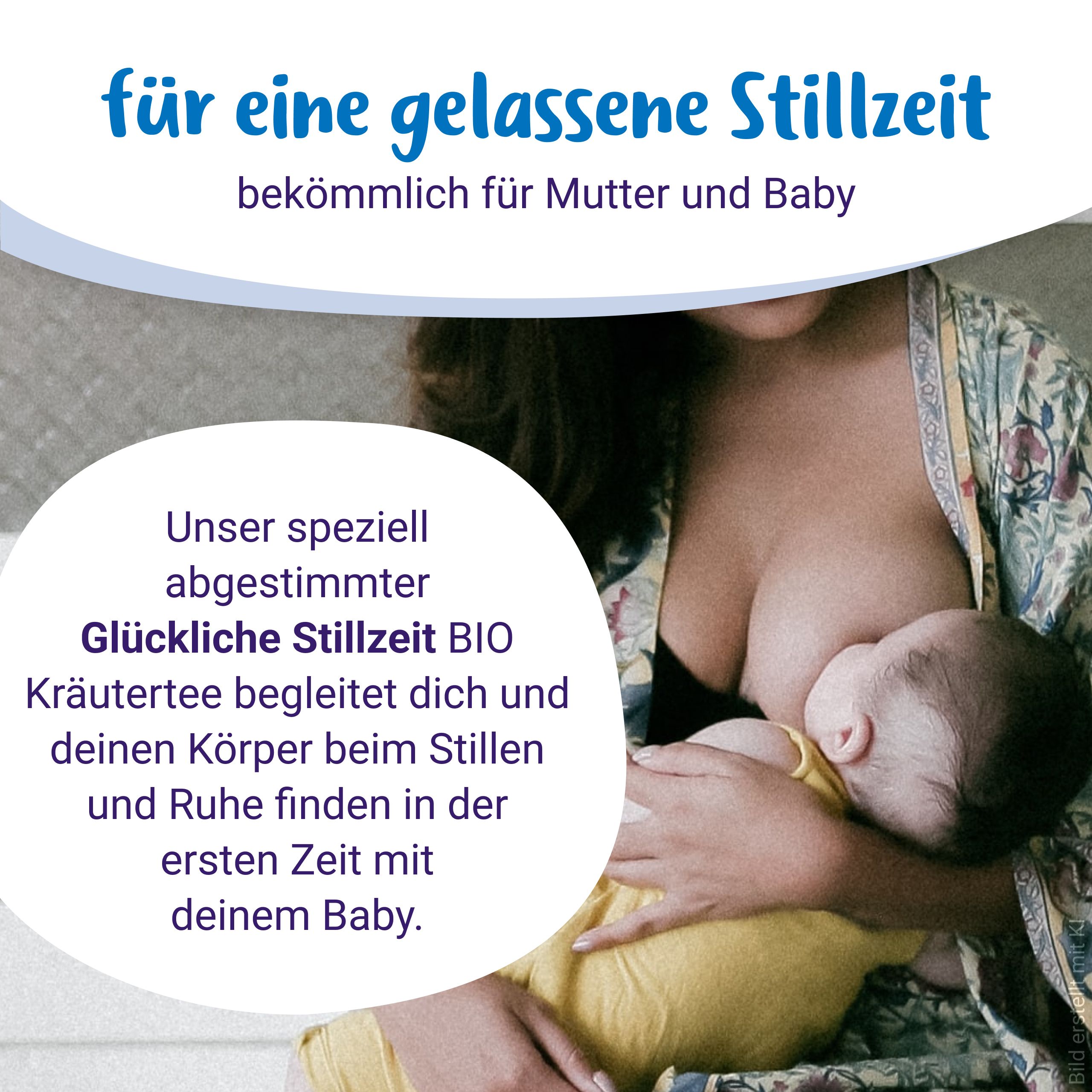 Frau stillt Baby, Text über BIO Kräutertee zur Unterstützung der Stillzeit.