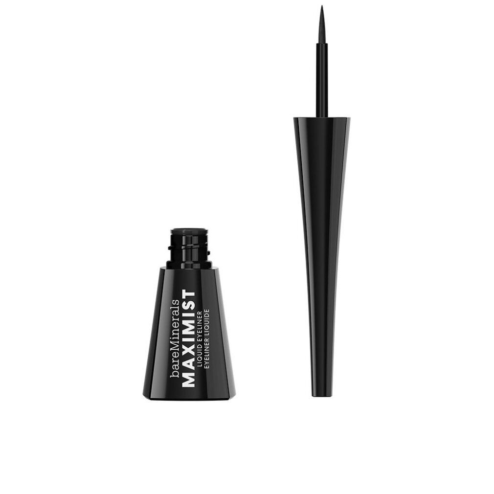 Schwarzer Eyeliner-Flakon und Applikator. Auf dem Flakon: bareMinerals MAXIMIST Liquid Liner.