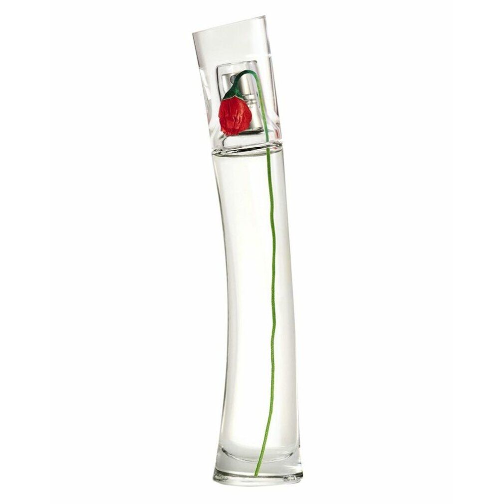 Parfümflasche mit roter Blume und grünem Stiel. Transparente, geschwungene Flasche.