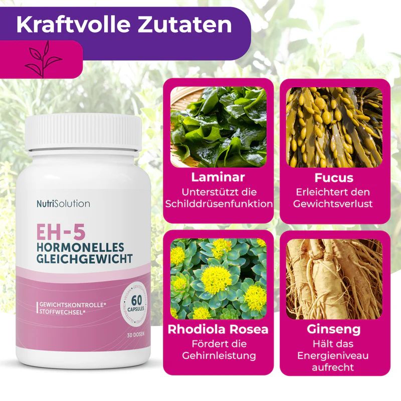 Flasche NutriSolution EH-5 Hormonelles Gleichgewicht. 60 Kapseln. Bilder von Laminar, Fucus, Rhodiola Rosea, Ginseng.