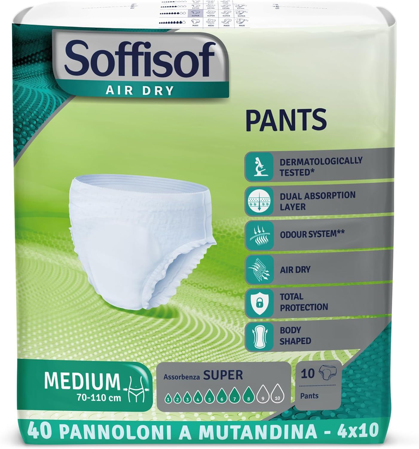 Soffisof Air Dry Pants Super Inkontinenz Windelhosen. Medium, 70-110 cm. 10 Stück. Dermatologisch getestet.