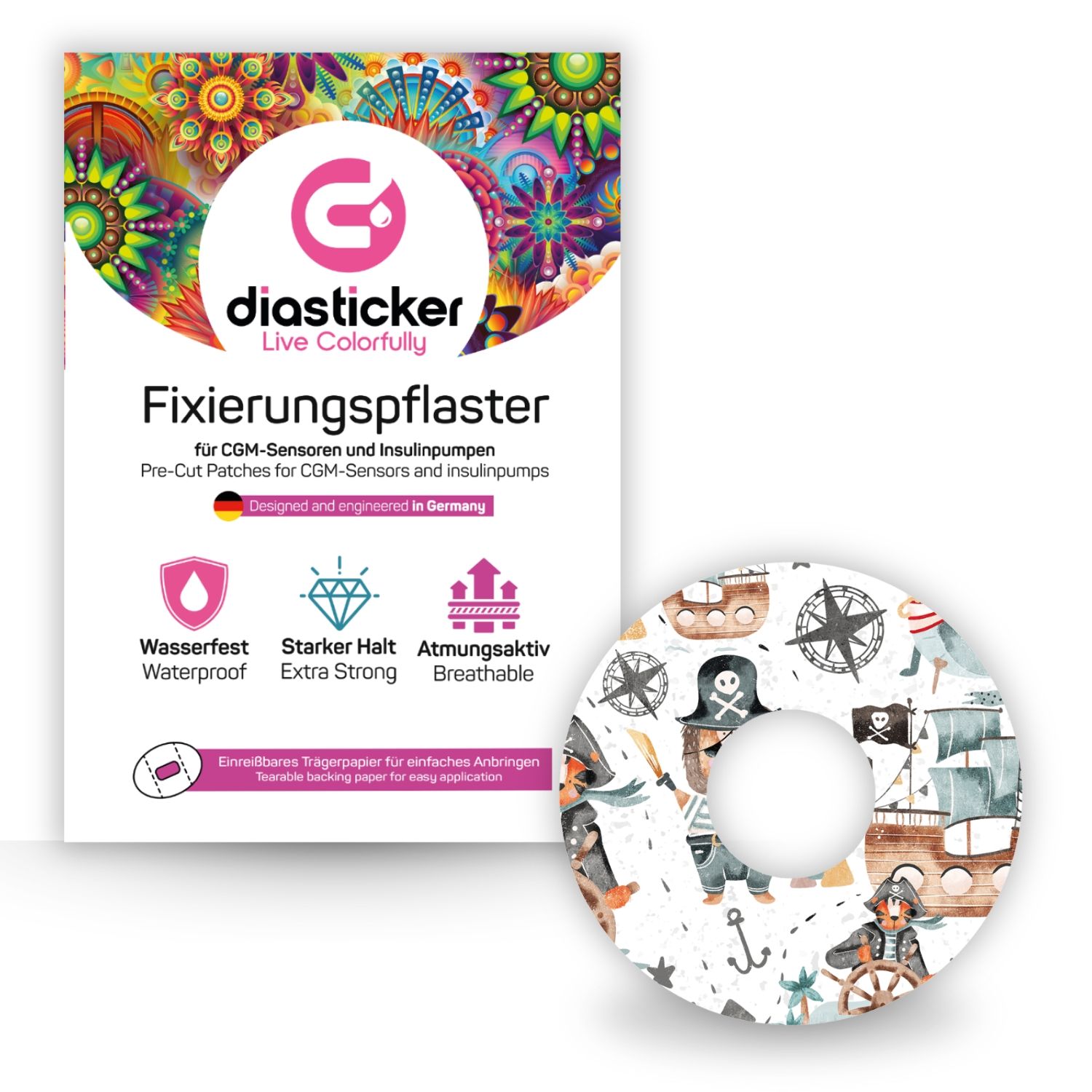 Verpackung und rundes Pflaster mit Piratenmuster. Pflaster mit Loch. Verpackung mit Logo und Text: Fixierungspflaster.