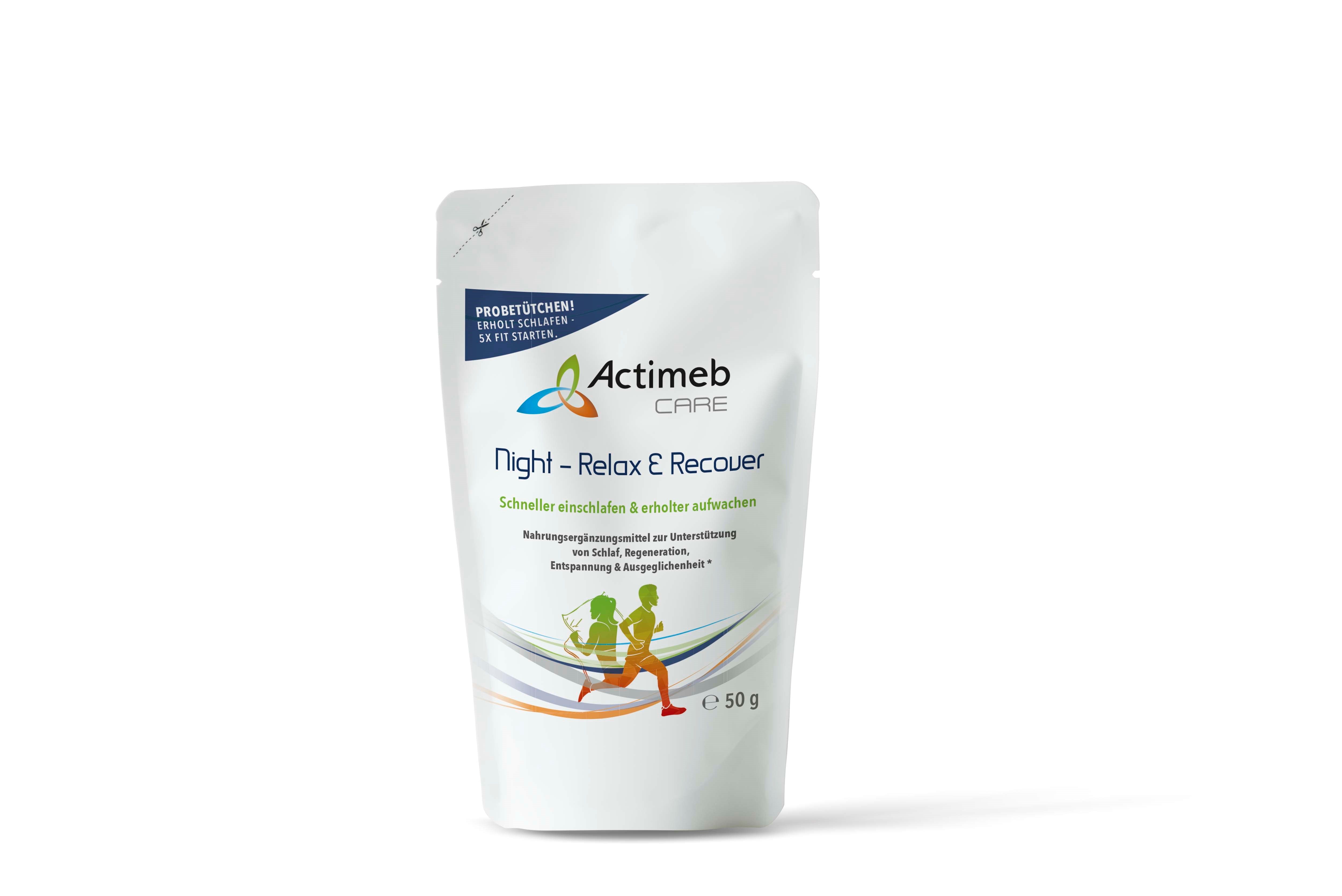 Weißer Beutel mit "Actimeb Care"-Logo und "Night - Relax & Recover"-Schriftzug. Enthält Pulver. Unten rechts: "50 g".