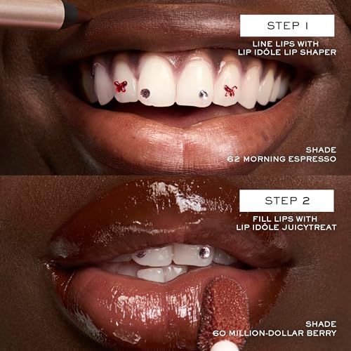 Schritte zur Lippen-Make-up. Schritt 1: Lippen mit Lip Idôle Lip Shaper umranden. Schritt 2: Lippen mit Juicy Treat füllen.