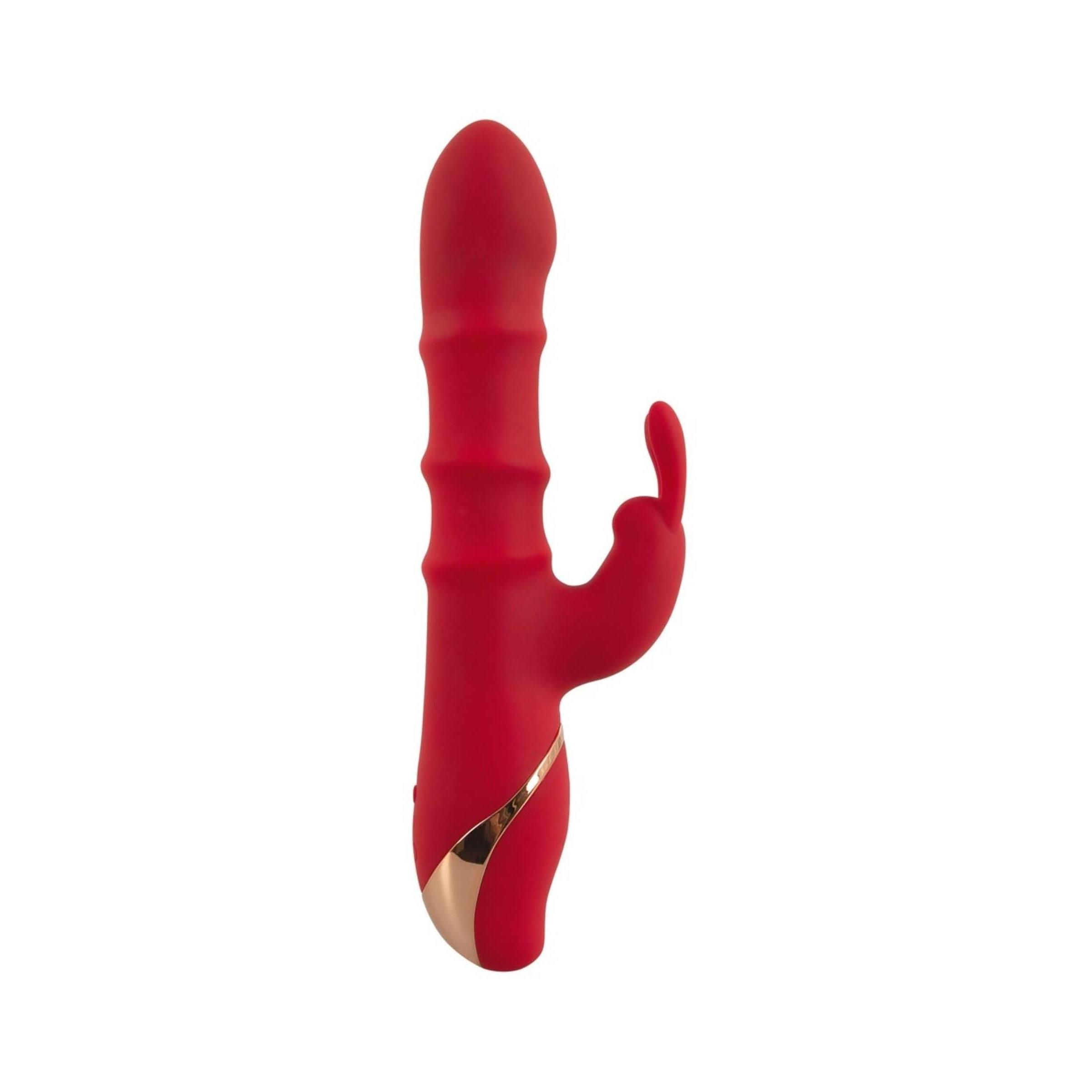 Roter Vibrator mit Hasenohr-Design und goldfarbenem Akzent. Seitenansicht.