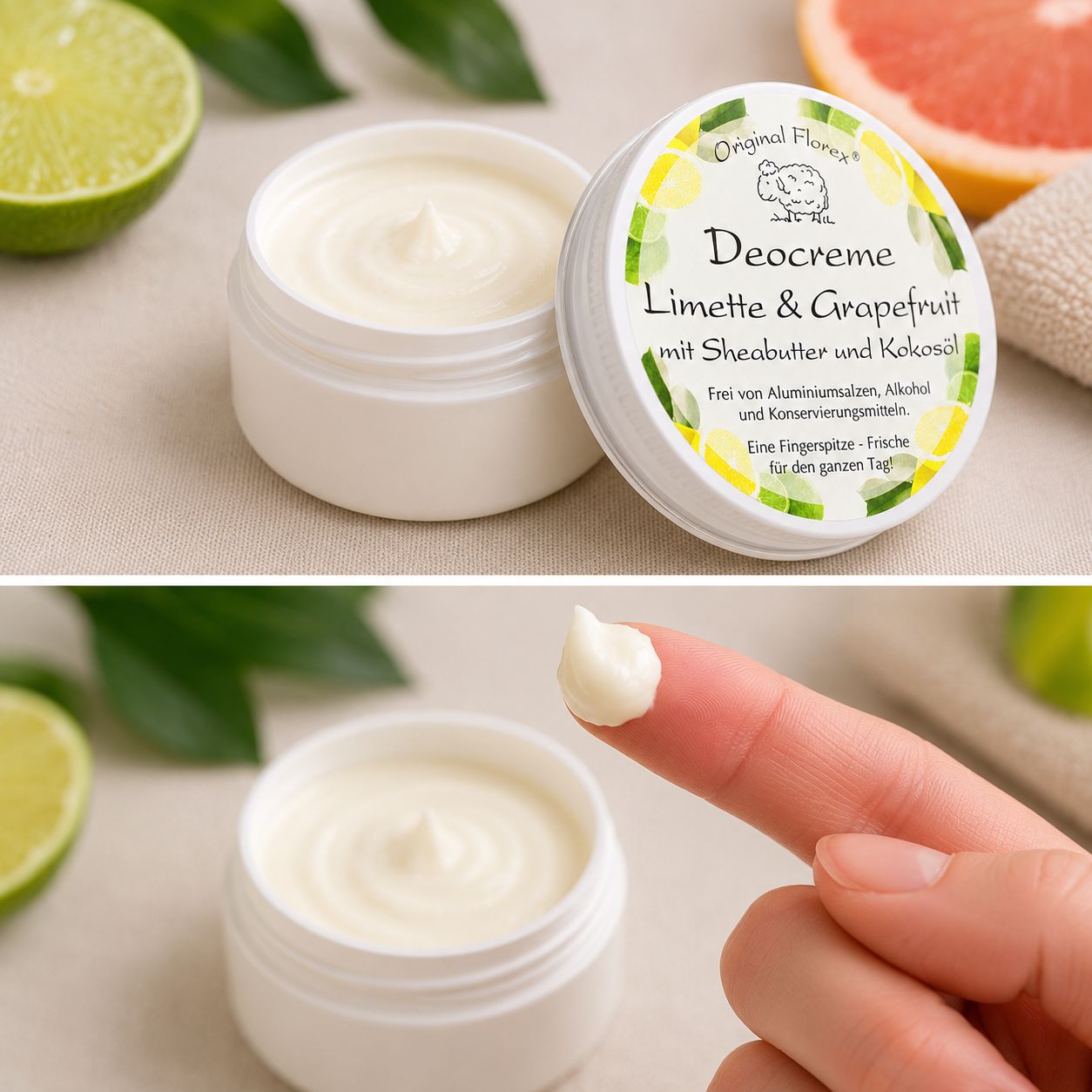 Florex Deocreme Limette & Grapefruit Dose und eine Fingerspitze Creme. Mit Sheabutter und Kokosöl.
