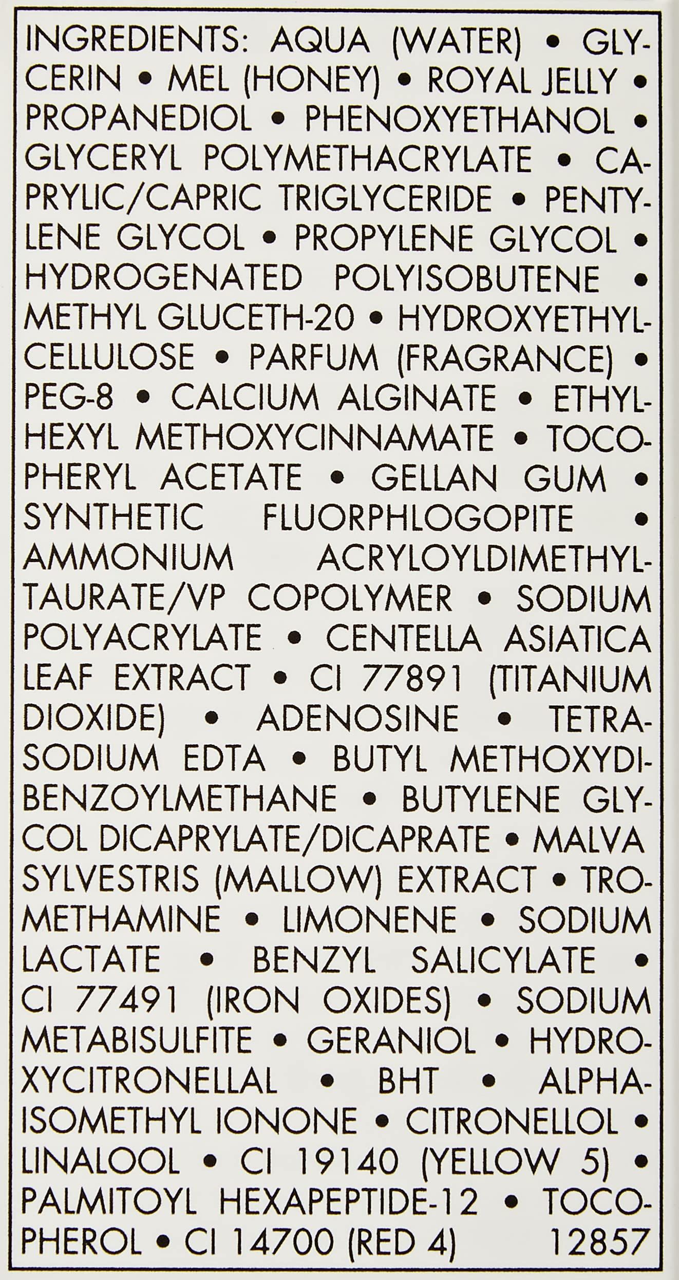 Textfeld mit Inhaltsstoffen. Enthält Aqua, Honig, Glycerin, und weitere chemische Bezeichnungen.