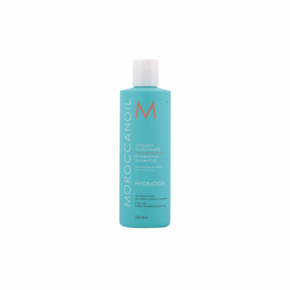 Türkisgrüne Flasche mit weißem Deckel. Aufschrift: Moroccanoil, Hydrating Shampoo. 250 ml.