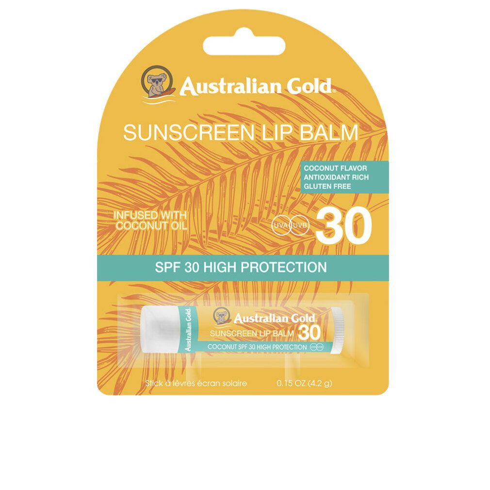 Lippenbalsam in Verpackung. Gelbe Karte mit Produktname und SPF 30. Enthält Kokosöl. Glutenfrei.