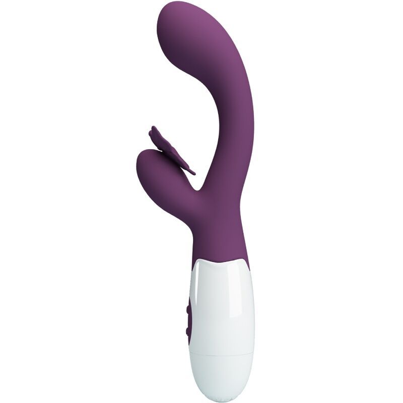 Lila Vibrator mit Schmetterlingsdesign und weißem Griff. Zwei Knöpfe am Griff. Glatte Oberfläche.