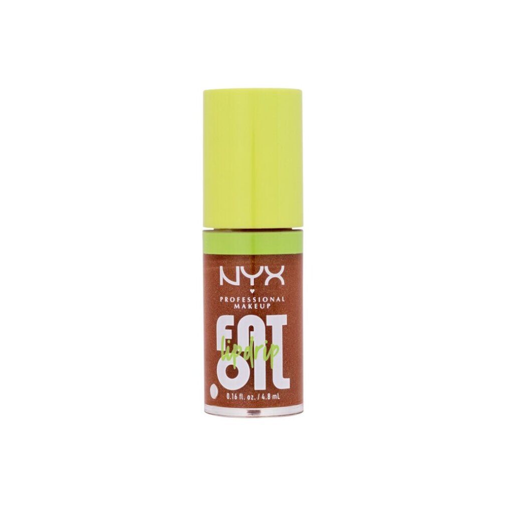 NYX Fat Oil Lip Drip in glitzerndem Braun. Klare Flasche mit neongrüner Kappe.