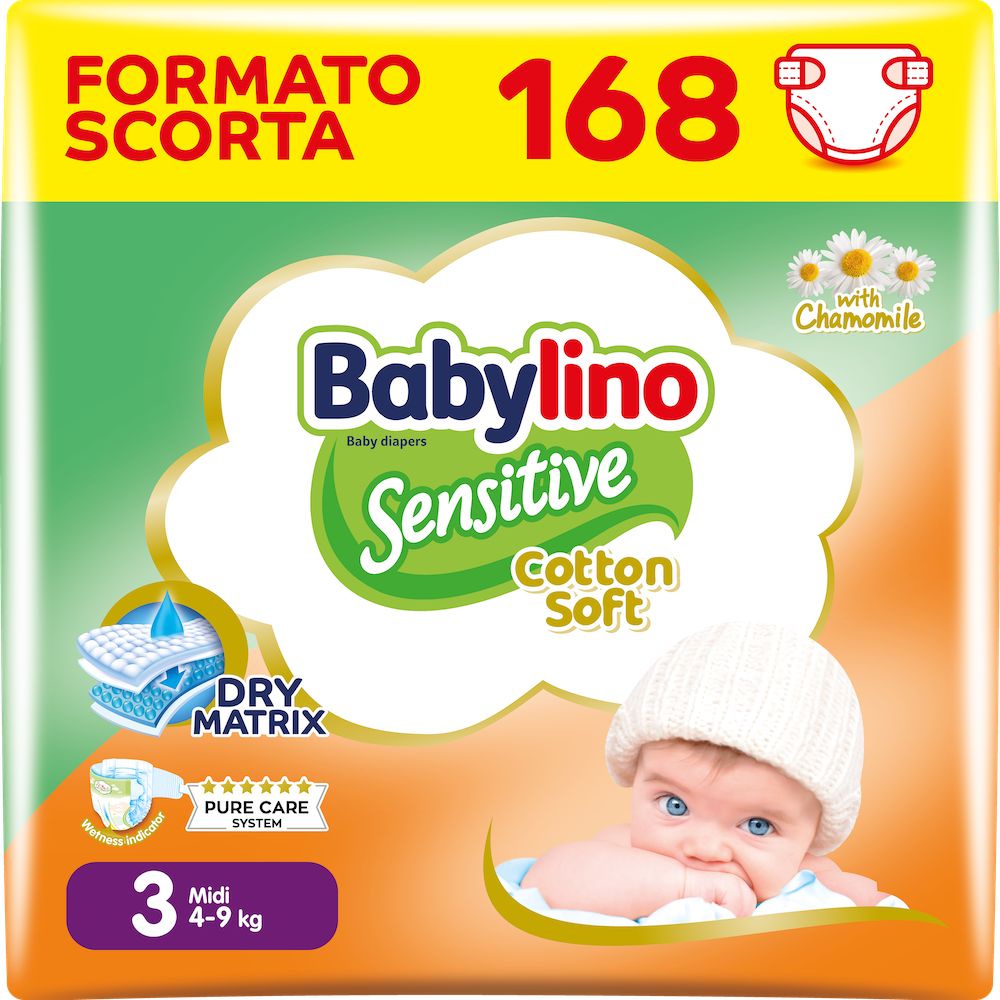Babylino Sensitive Cotton Soft, Pannolini Taglia 3, Midi (4-9kg), 168 Unità