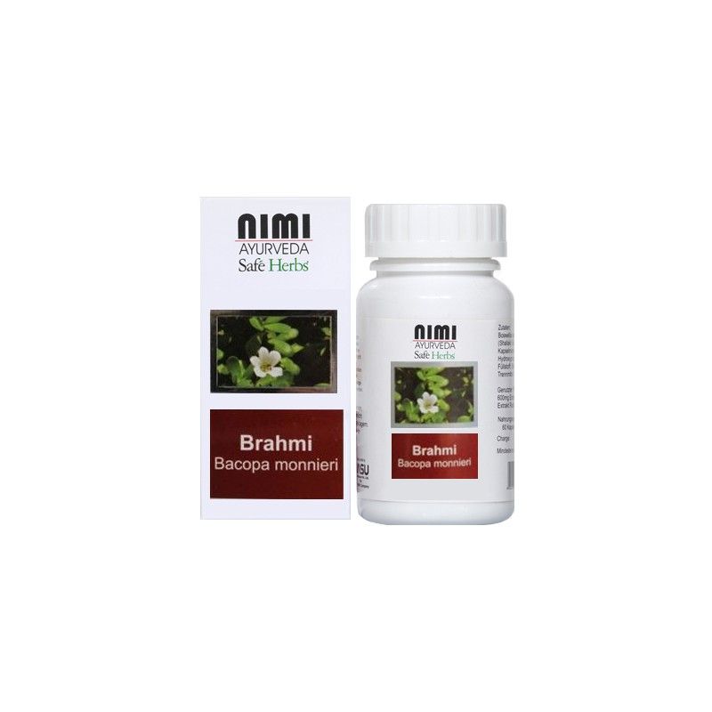 Flacone e scatola bianchi con testo: Nimi Ayurveda, Brahmi Bacopa monnieri Kapseln. Immagine di pianta.