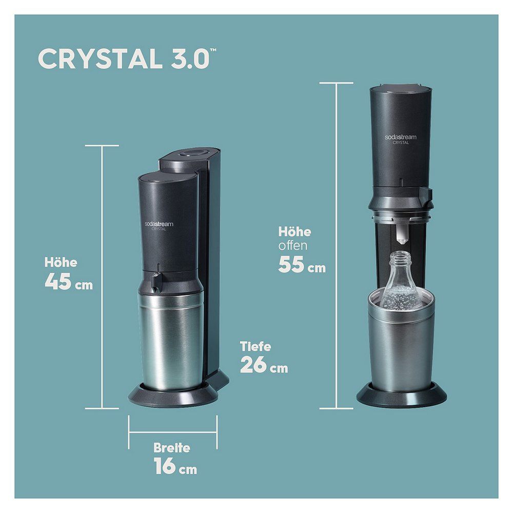 Abmessungen des SodaStream Crystal 3.0: Höhe 45/55 cm, Breite 16 cm, Tiefe 26 cm.