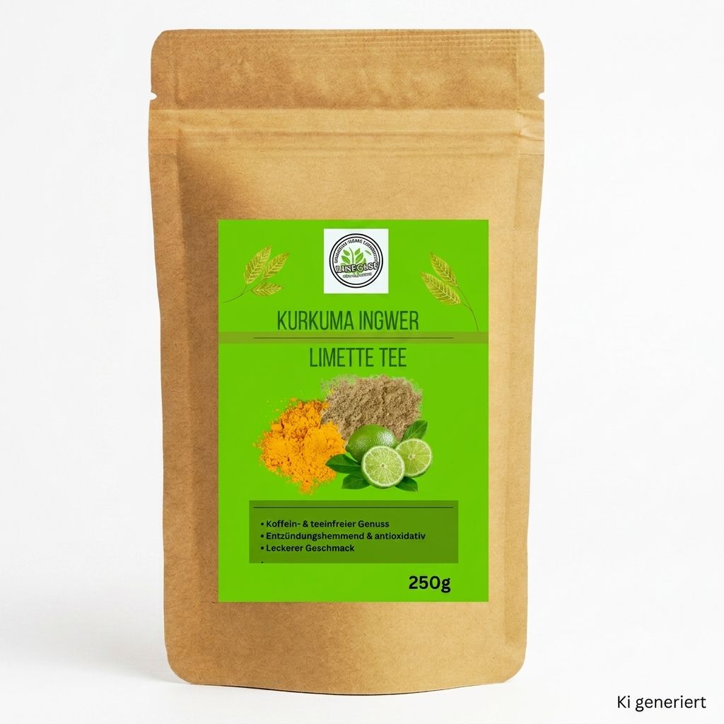 Braune Papiertüte mit Kurkuma Ingwer Limette Tee, 250g. Grüne Etikett mit Zutaten und Produktmerkmalen.