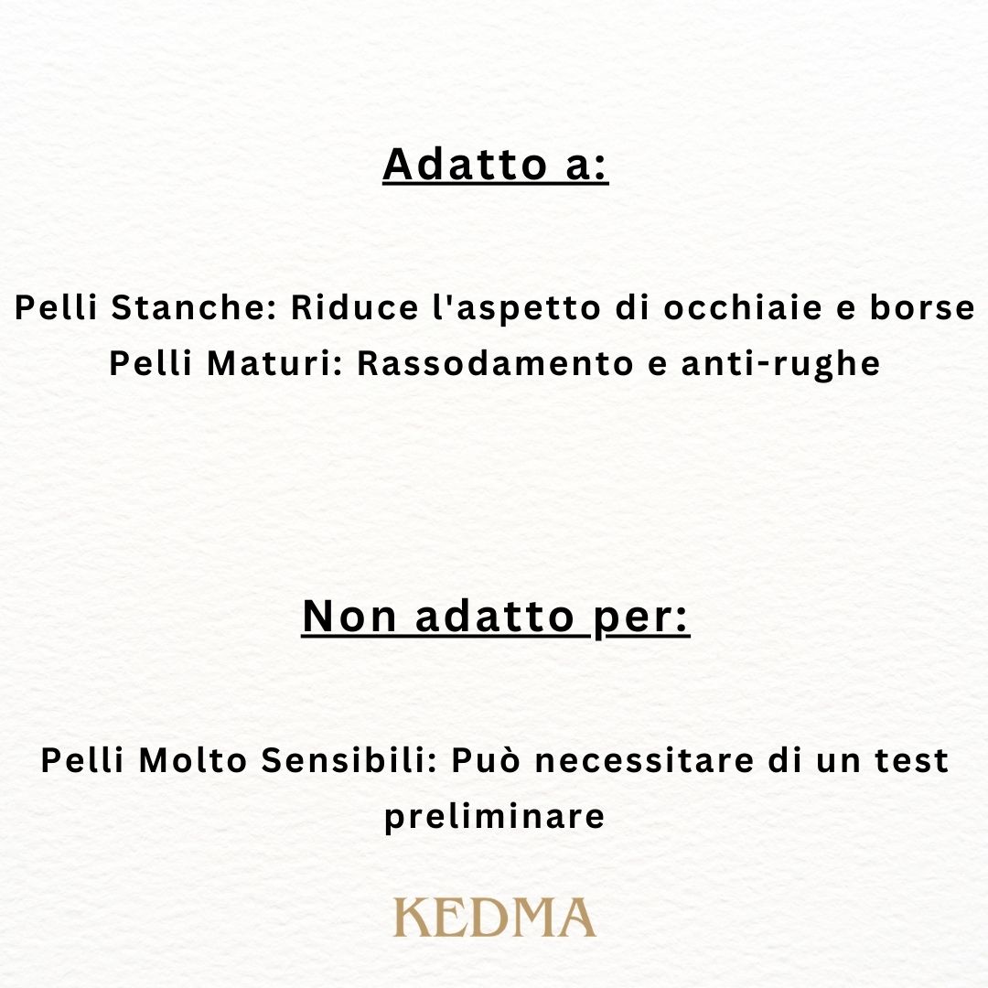 Testo su sfondo crema: Adatto a: Pelli Stanche, Pelli Mature. Non adatto a: Pelli Molto Sensibili. Marchio: Kedma.