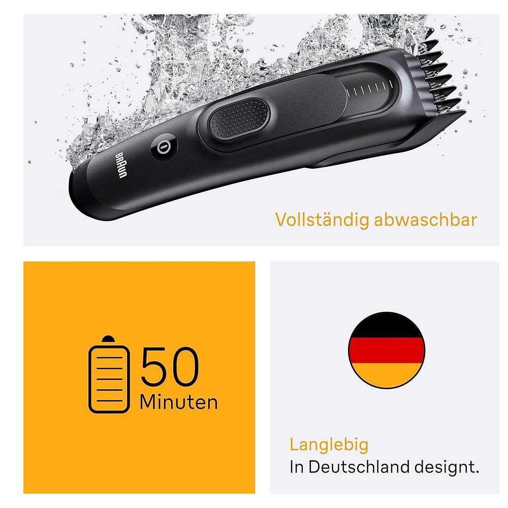 Braun Haarschneider unter Wasser, 50 Minuten Laufzeit, in Deutschland designt.