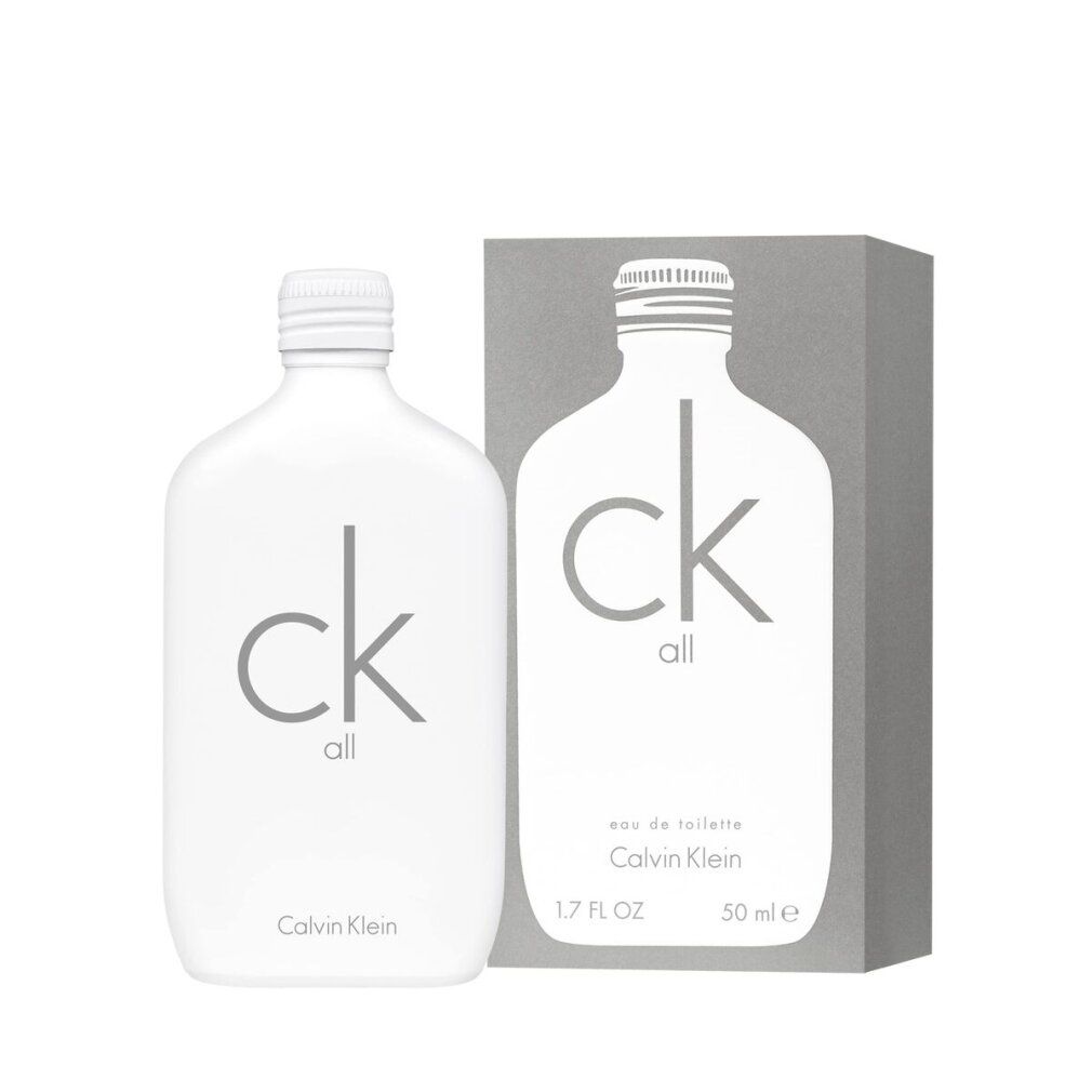 Weiße Flasche und Verpackung mit Aufschrift 'ck all' und 'Calvin Klein'. 50 ml.