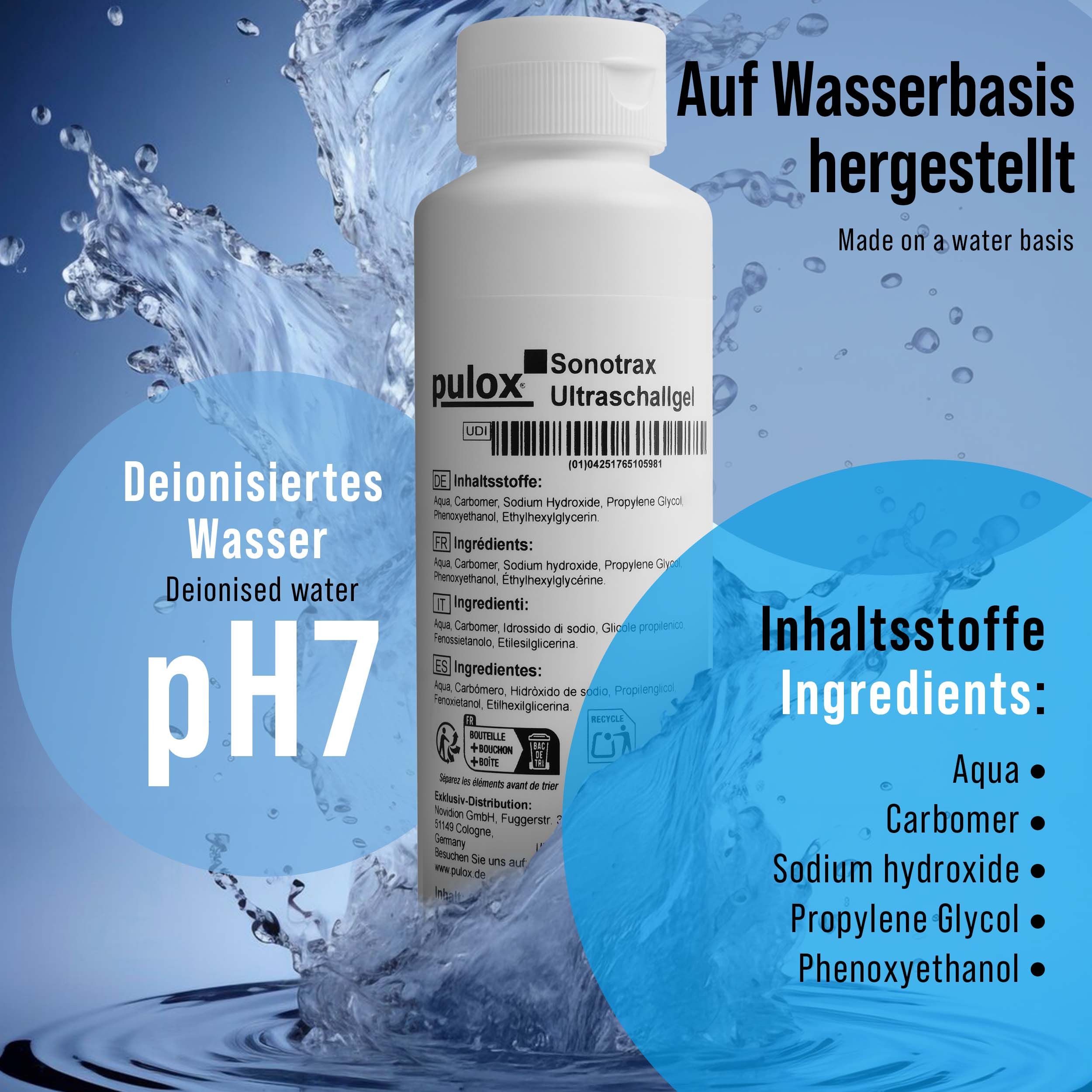 Weiße Flasche Pulox Sonotrax Ultraschallgel. Text: Auf Wasserbasis hergestellt, Inhaltsstoffe. Hintergrund: Blau, Wasser.