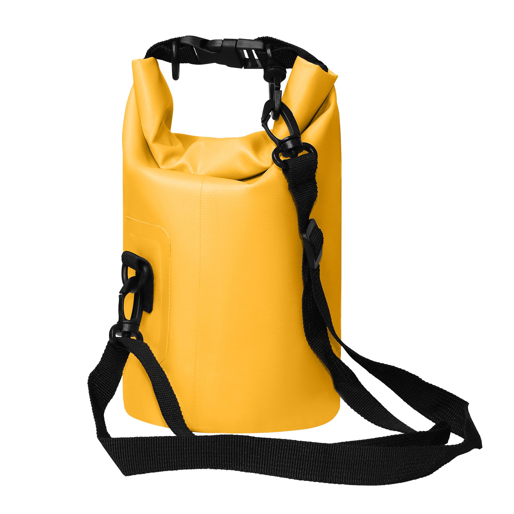 Gelber Packsack mit schwarzem Schultergurt. Schwarze Verschlüsse. Ansicht von hinten.