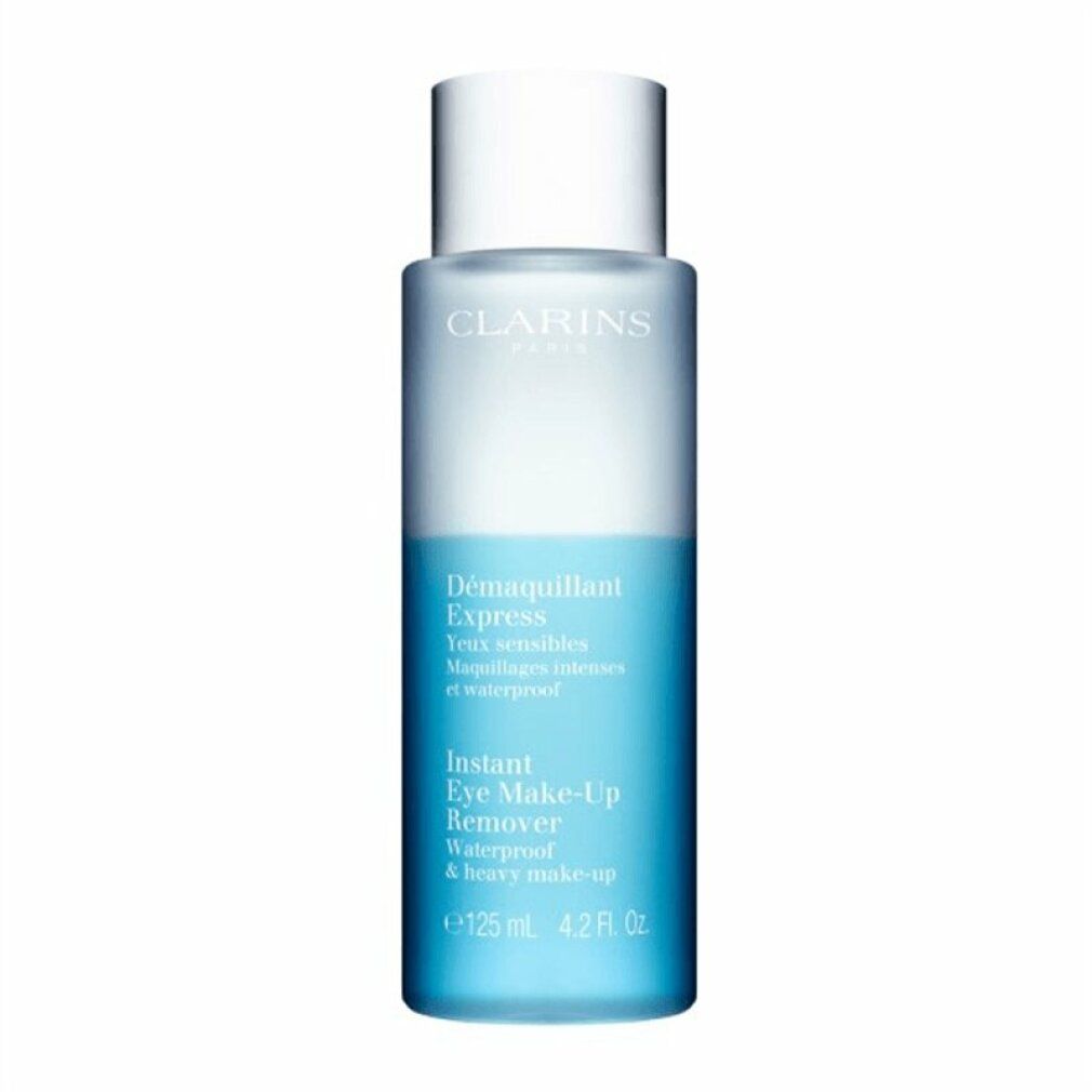 Clarins Instant Eye Make-Up Remover. Flasche mit blauem Inhalt und weißem Deckel. Text und Volumenangabe.