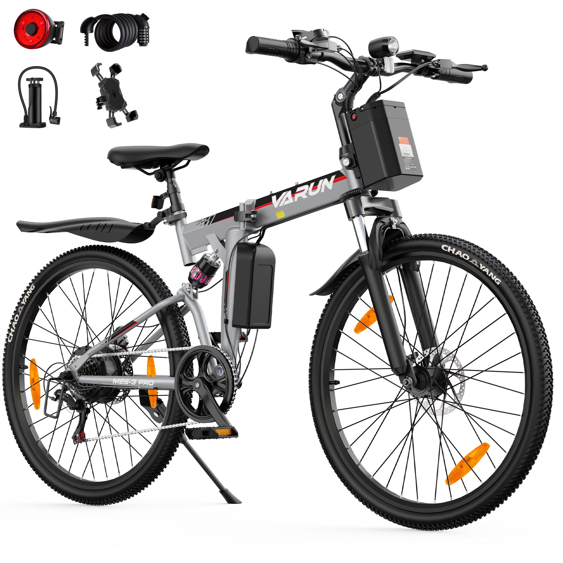 Faltbares E-Bike, silberfarben, mit schwarzem Rahmen und Reifen. Zubehör: Rücklicht, Pumpe, Handyhalterung.