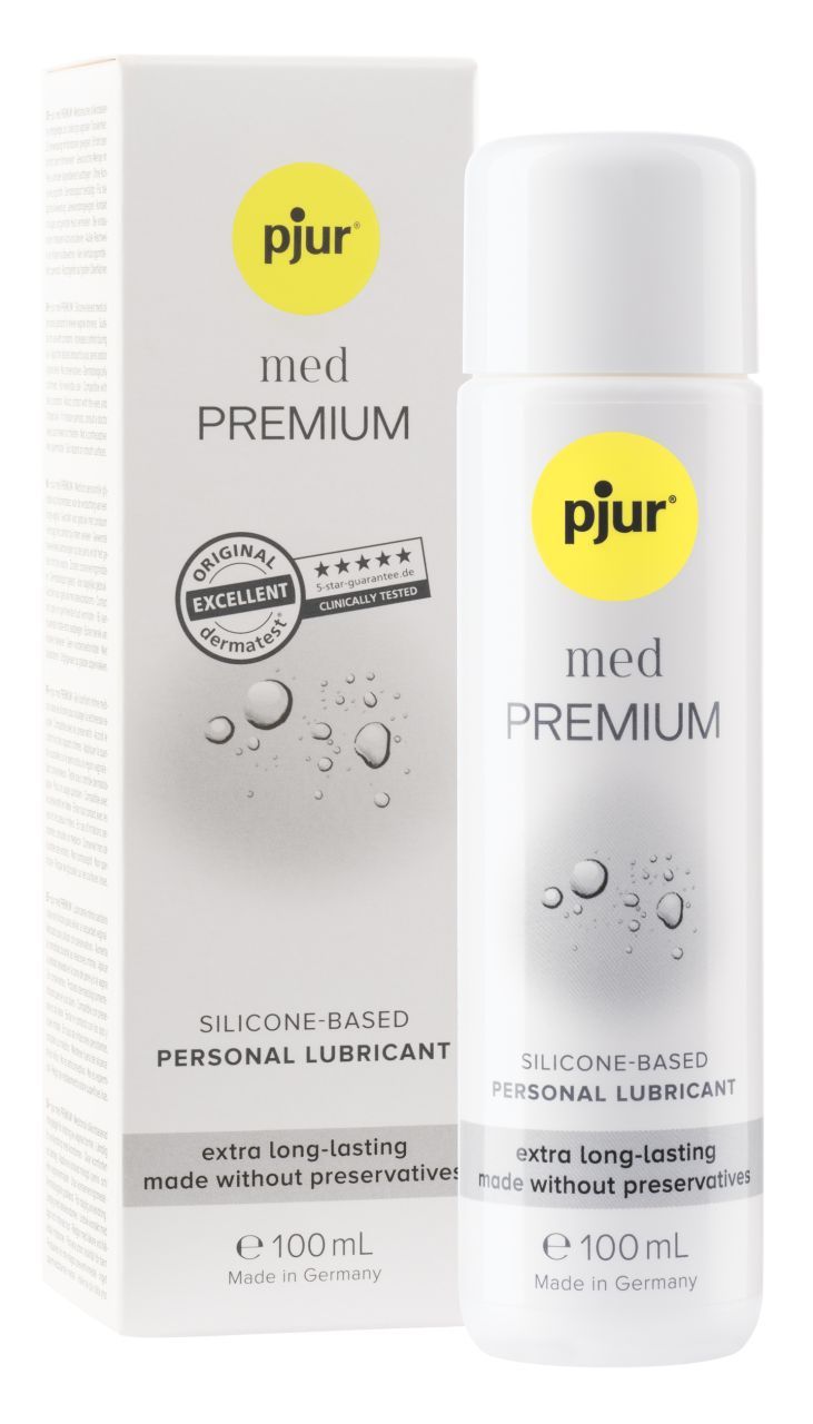 Pjur med Premium, Silikon-Gleitmittel, Flasche und Verpackung. Mit Dermatest-Siegel. 100 ml.