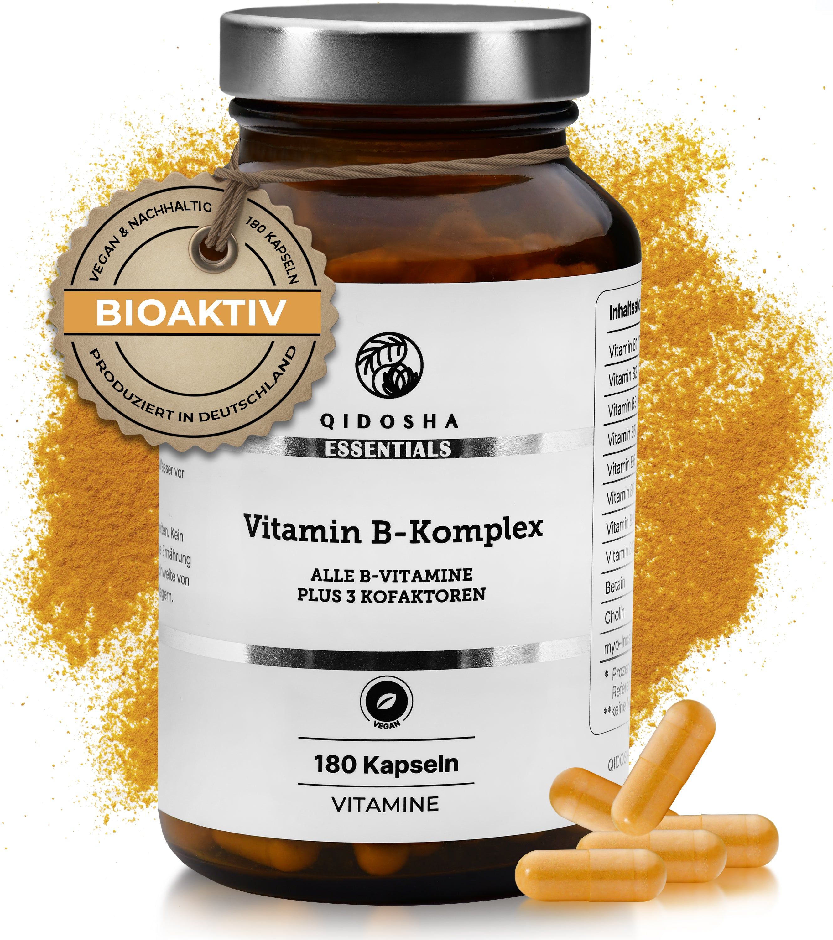 QIDOSHA Vitamin B-Komplex Flasche mit Siegeln 'Bioaktiv' und 'Produziert in Deutschland'.