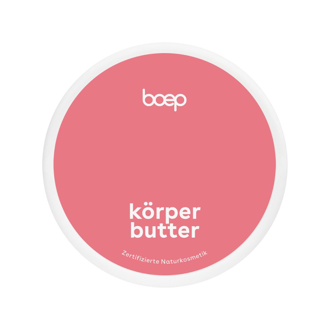 Runde Dose mit rosa Deckel. Aufschrift: boep, Körperbutter, Zertifizierte Naturkosmetik.