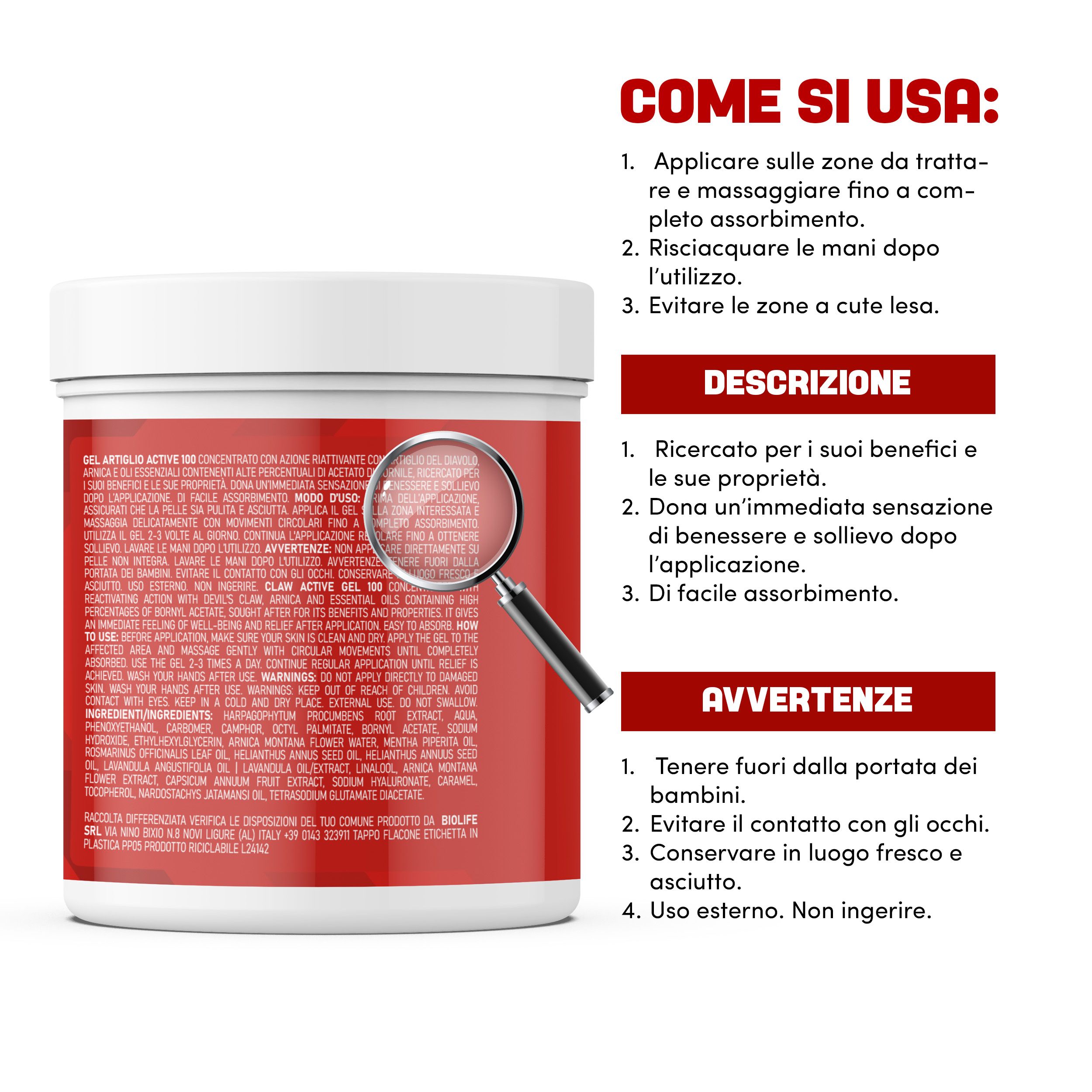 Behälter mit roter und gelber Beschriftung. Text: ACTIVE 100, Artiglio del Diavolo, Made in Italy. Lupe.