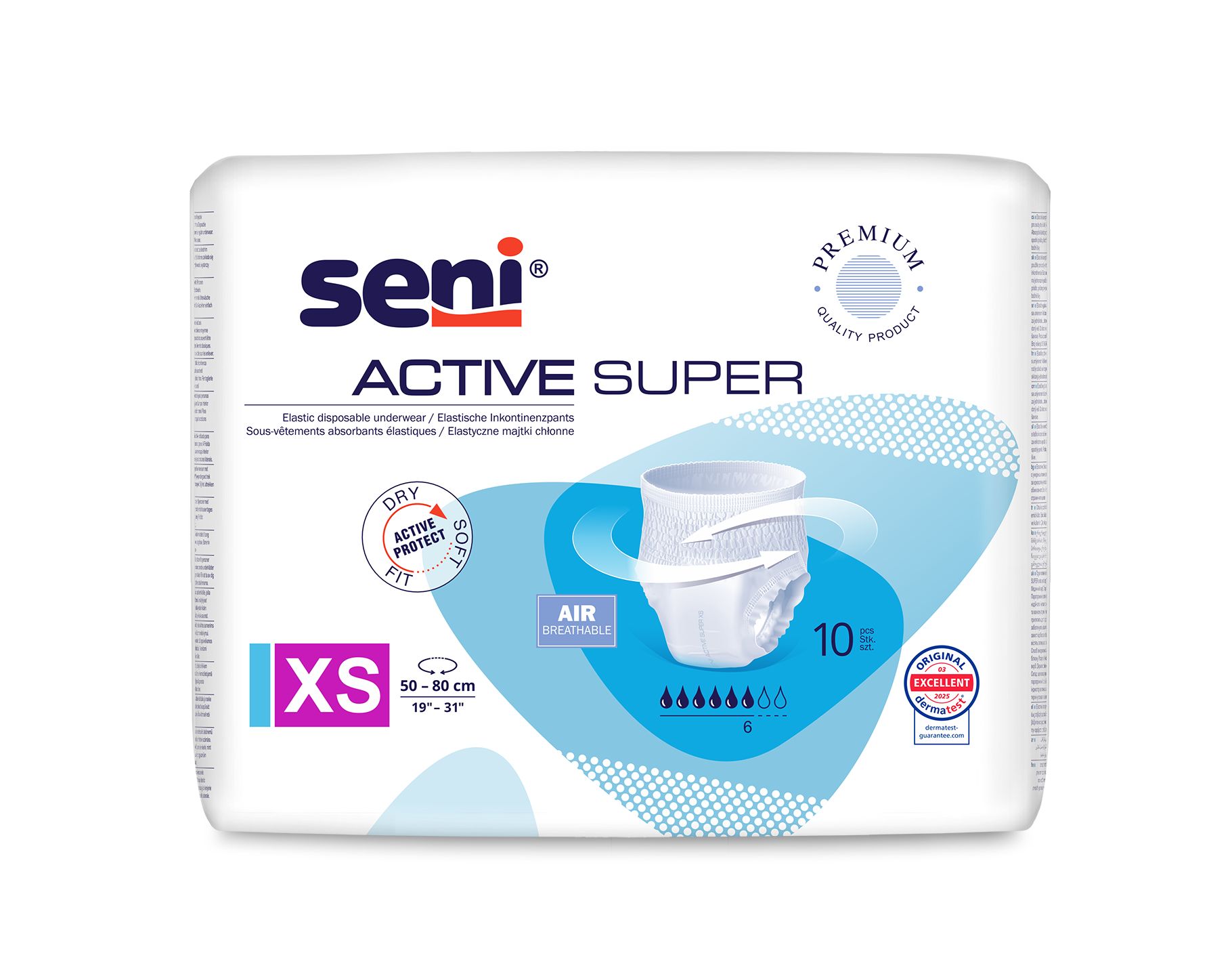 Verpackung Seni Active Super Inkontinenzpants. XS, 10 Stück. Trocken, atmungsaktiv. Premium Qualität.