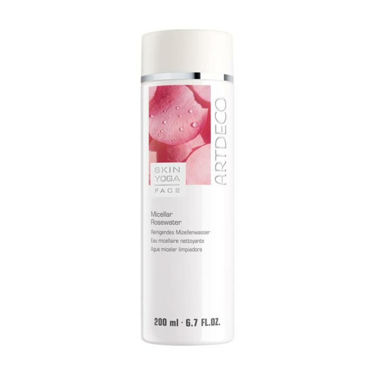 Weiße Flasche mit rosa Etikett. Aufschrift: Artdeco, Skin Yoga Face, Micellar Rosenwater. Volumen: 200 ml.