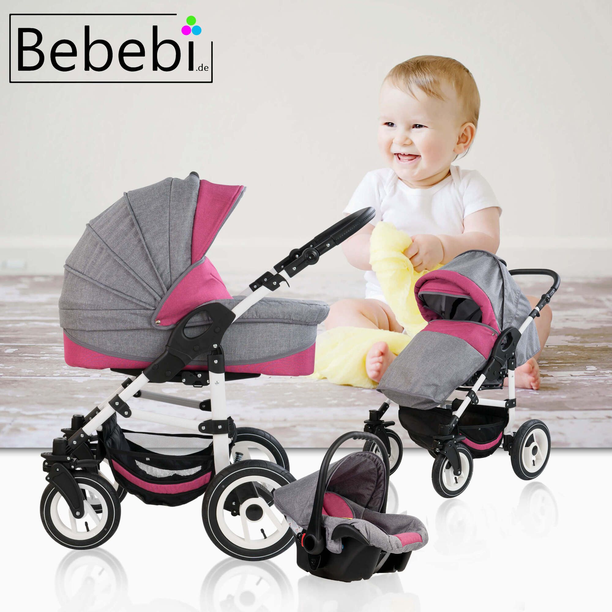 Kinderwagen-Set, grau-rosa, mit Baby und Logo. Enthält Babywanne, Sportwagenaufsatz und Babyschale. Kind lächelt.