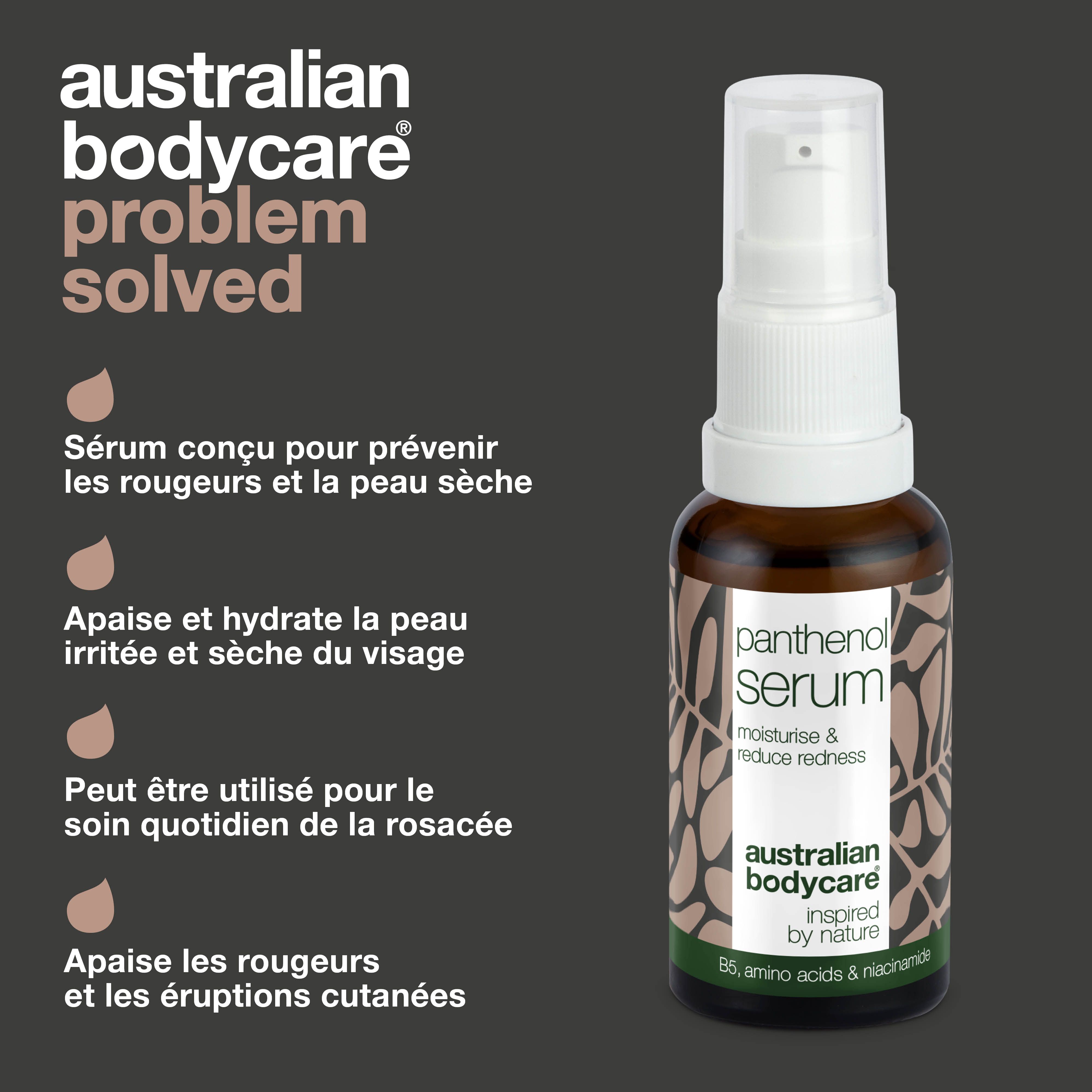 Flacon Panthenol Serum. Texte : Sérum conçu pour prévenir les rougeurs et la peau sèche.