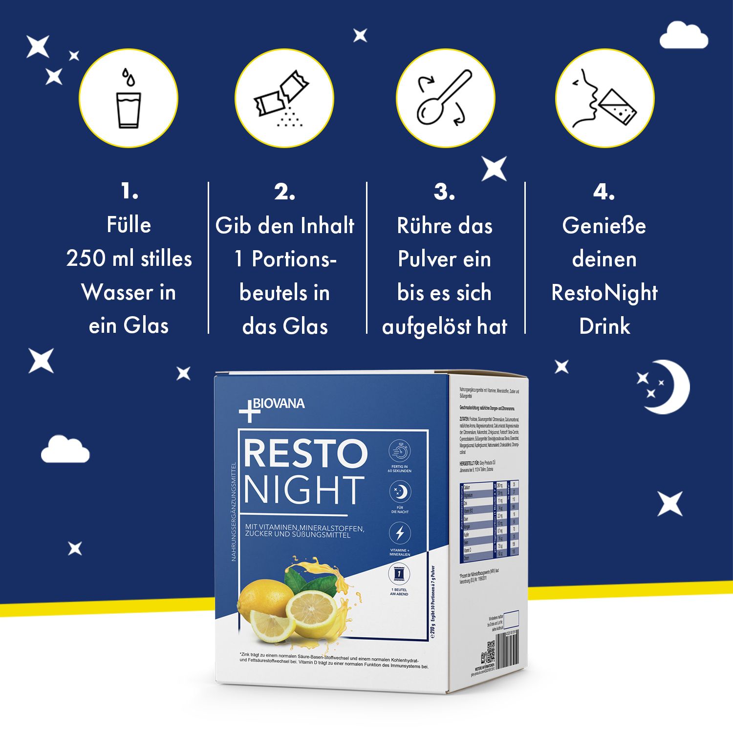 Anleitung zur Zubereitung von Resto Night. Schritte: Wasser ins Glas, Beutelinhalt, verrühren, genießen.