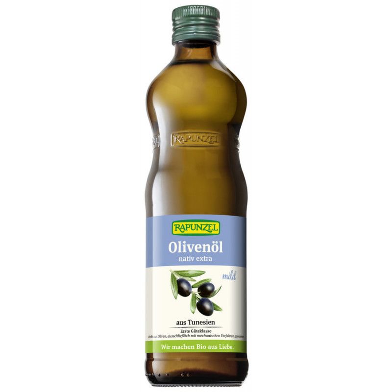 Braune Glasflasche mit grünem Deckel. Etikett mit Oliven und Schriftzug 'Rapunzel Olivenöl'.