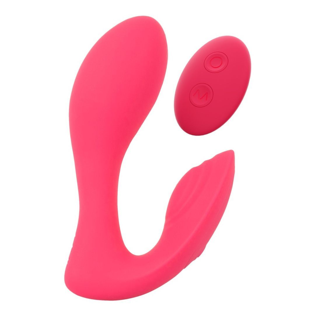 Rosa Vibrator mit Fernbedienung. Das Produkt hat eine geschwungene Form mit zwei abgerundeten Enden und einer ovalen Fernbedienung.