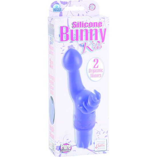 Lila Vibrator in Verpackung. Aufschrift: Silicone Bunny Kiss, 2 orgasmic Motors. Wasserfest. Marke: California Exotics.